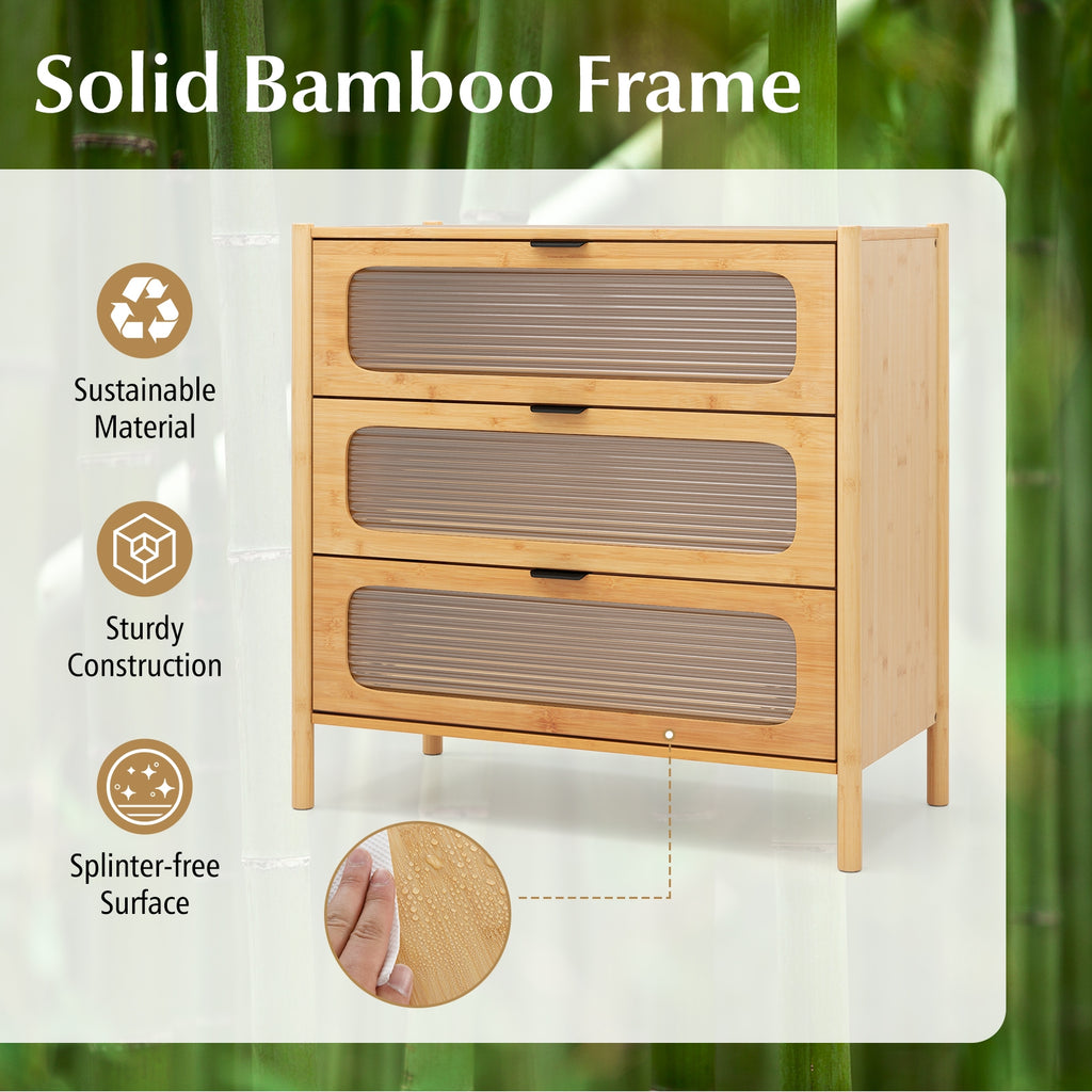 3 Drawer Mid Century Modern Chest of Drawers with Reeded Tempered Glass Front-Natural