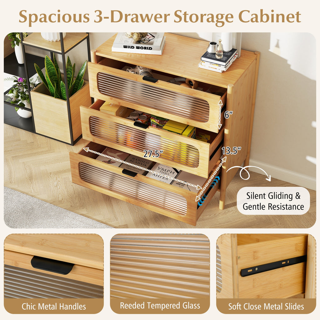 3 Drawer Mid Century Modern Chest of Drawers with Reeded Tempered Glass Front-Natural