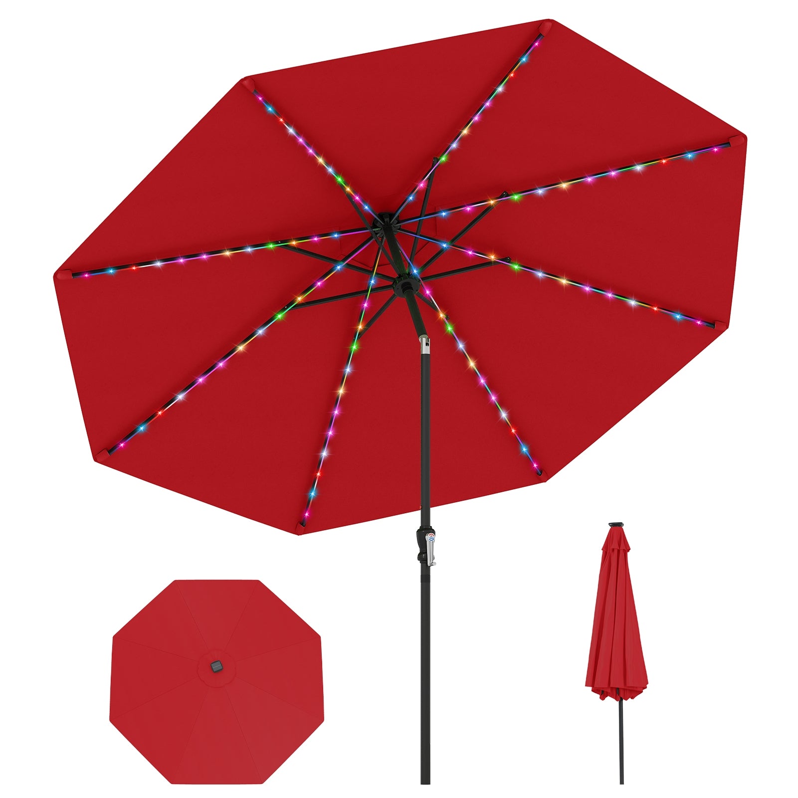 10 Feet Solar Patio Umbrella with 96 Multi-Colored Flowing LED Lights and Tilt Adjustment-Red