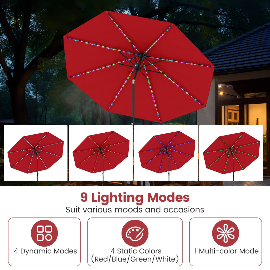 10 Feet Solar Patio Umbrella with 96 Multi-Colored Flowing LED Lights and Tilt Adjustment-Red