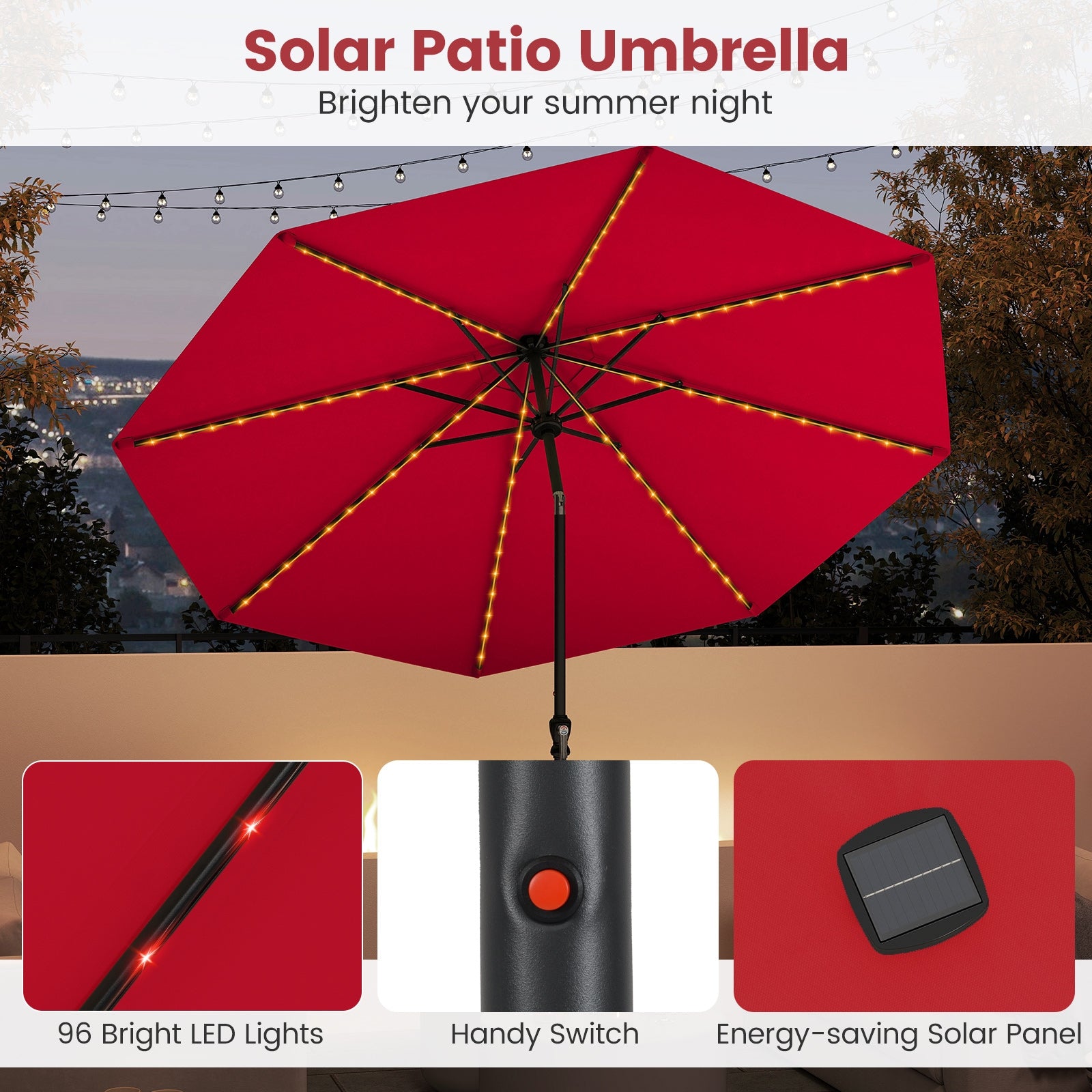 10 Feet Solar Patio Umbrella with 96 Multi-Colored Flowing LED Lights and Tilt Adjustment-Red