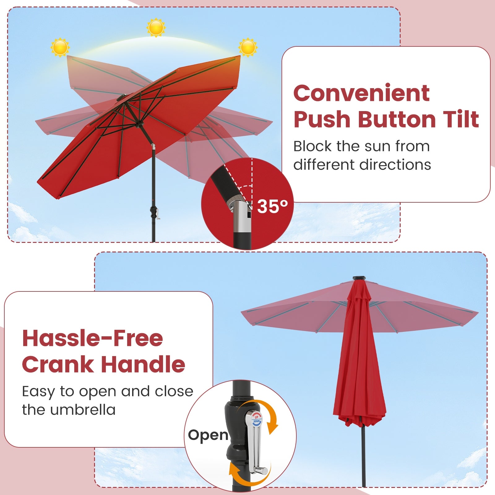 10 Feet Solar Patio Umbrella with 96 Multi-Colored Flowing LED Lights and Tilt Adjustment-Red