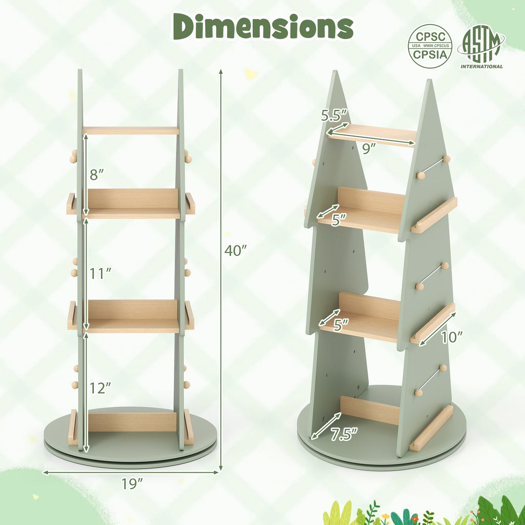 4 Tier Tree Shape Kids Rotating Bookshelf 360° Display Rack Storage Organizer-Green
