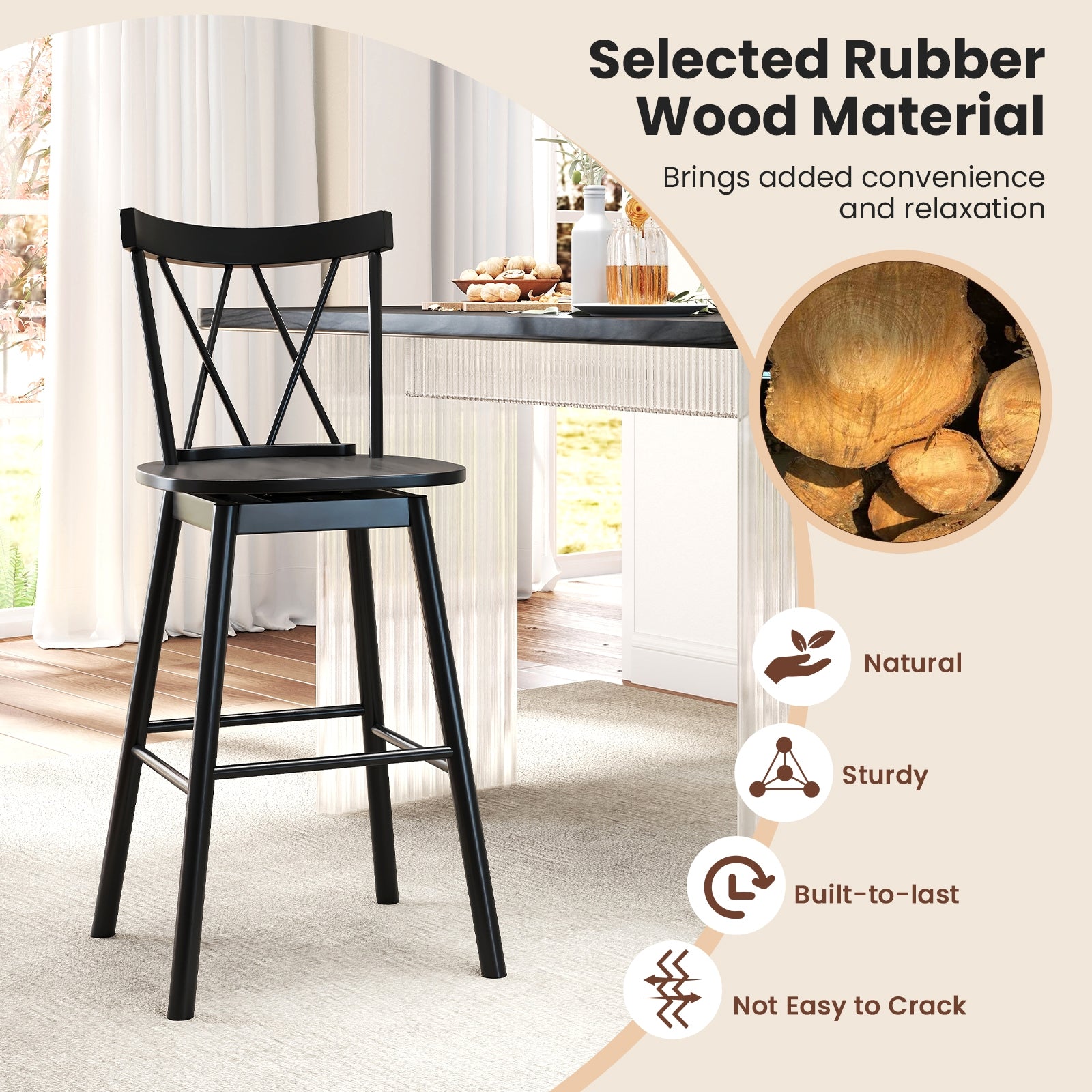 Set of 2 Windsor Bar Stool with Ergonomic Backrest and Footrests-29 inches