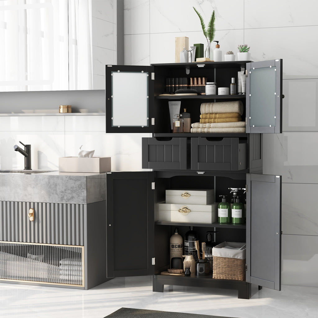 4 Door Freestanding Bathroom Floor Storage Cabinet with 2 Drawers and Glass Doors-Black