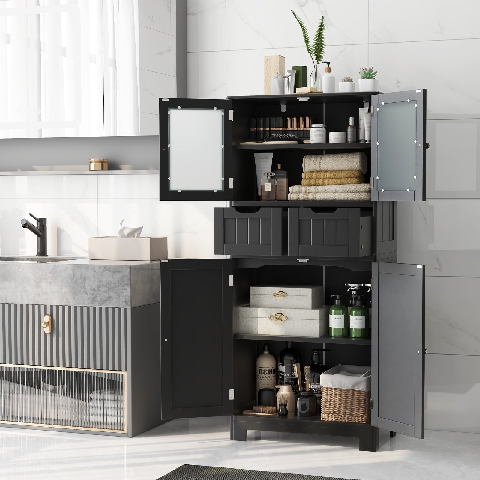 4 Door Freestanding Bathroom Floor Storage Cabinet with 2 Drawers and Glass Doors-Black