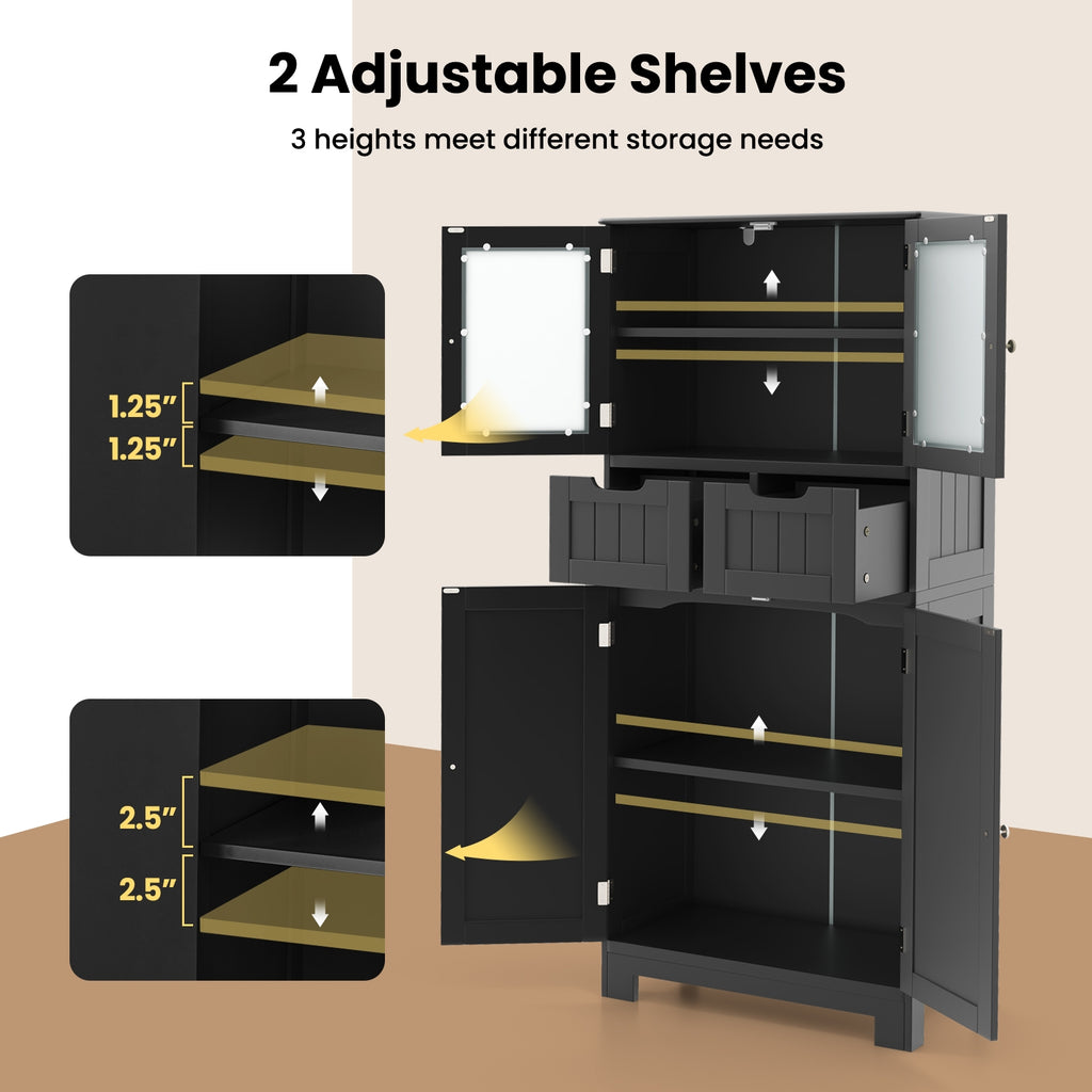 4 Door Freestanding Bathroom Floor Storage Cabinet with 2 Drawers and Glass Doors-Black