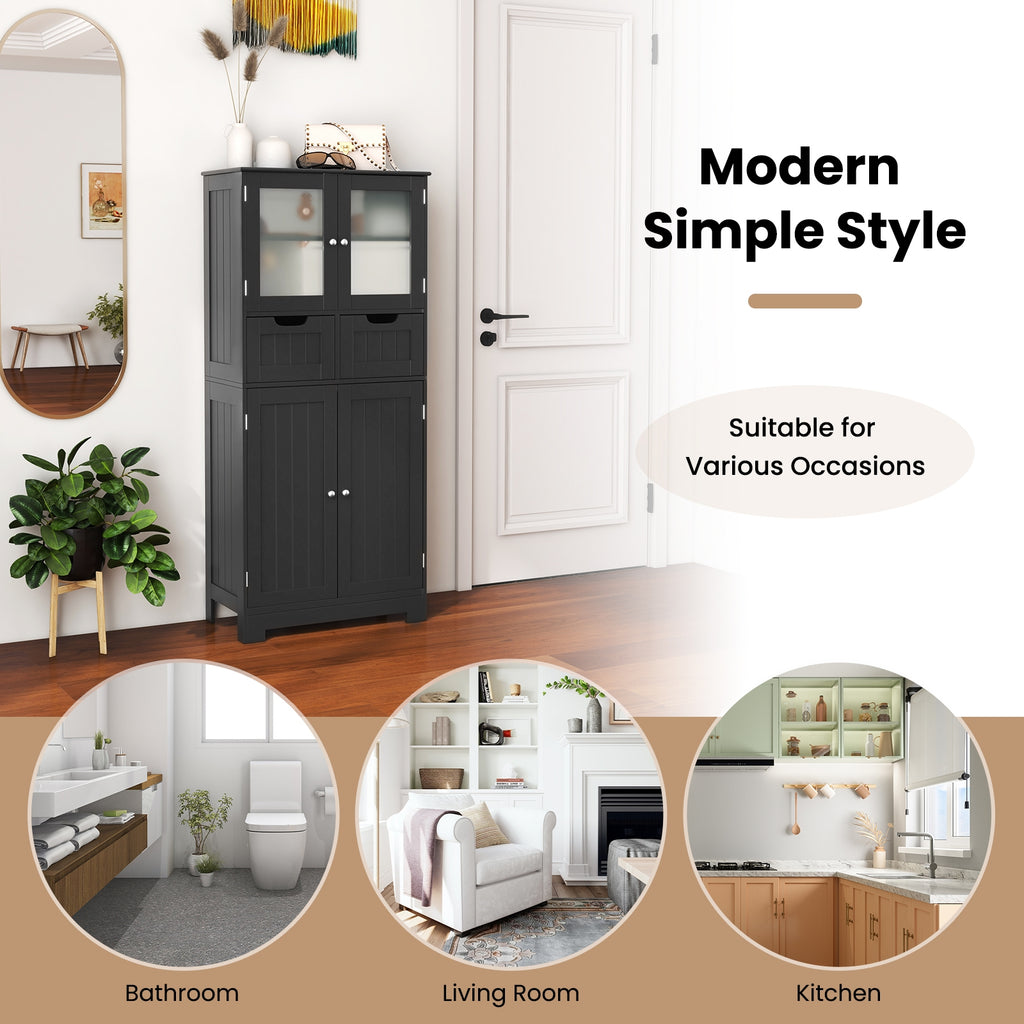 4 Door Freestanding Bathroom Floor Storage Cabinet with 2 Drawers and Glass Doors-Black