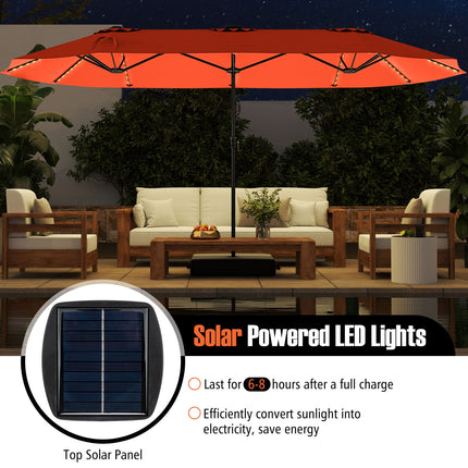 15.5 FT Extra-Large Patio Umbrella with LED Solar Lights and Crank Handle-Orange