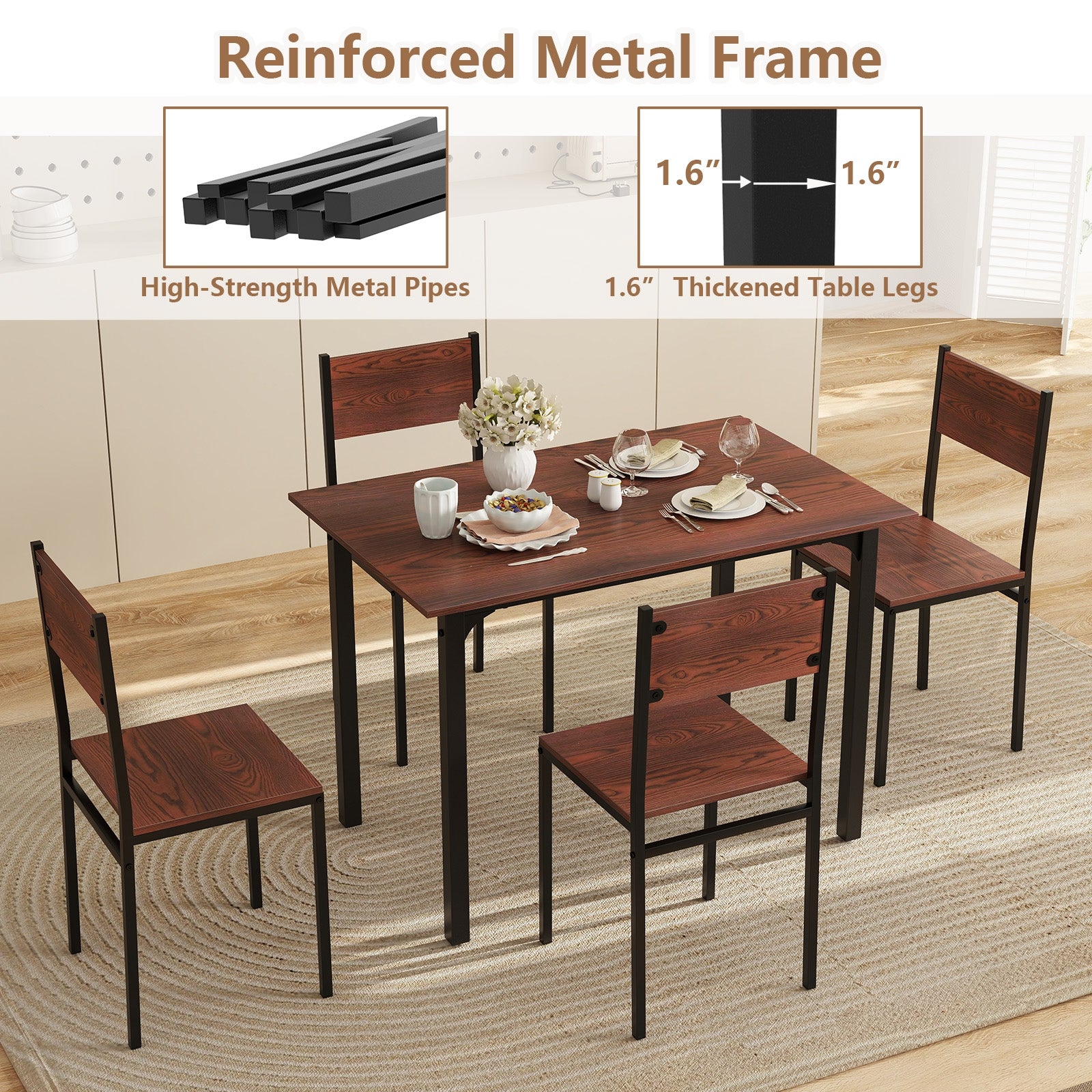 5 Piece Dining Table Set Industrial Style Kitchen Table and Chairs for 4-Walnut