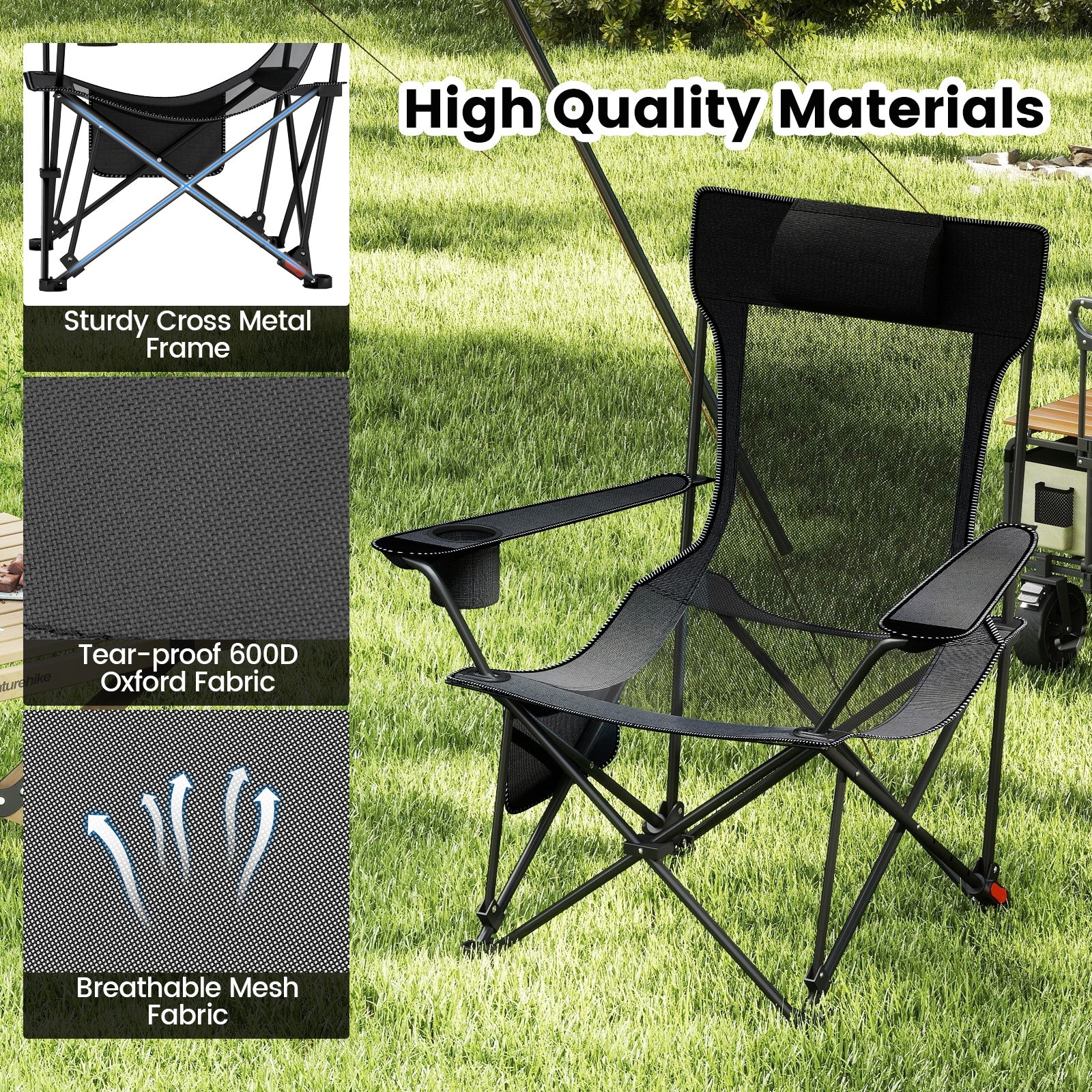 Reclining Camping Chair with Removable Footrest and Adjustable Backrest-Gray
