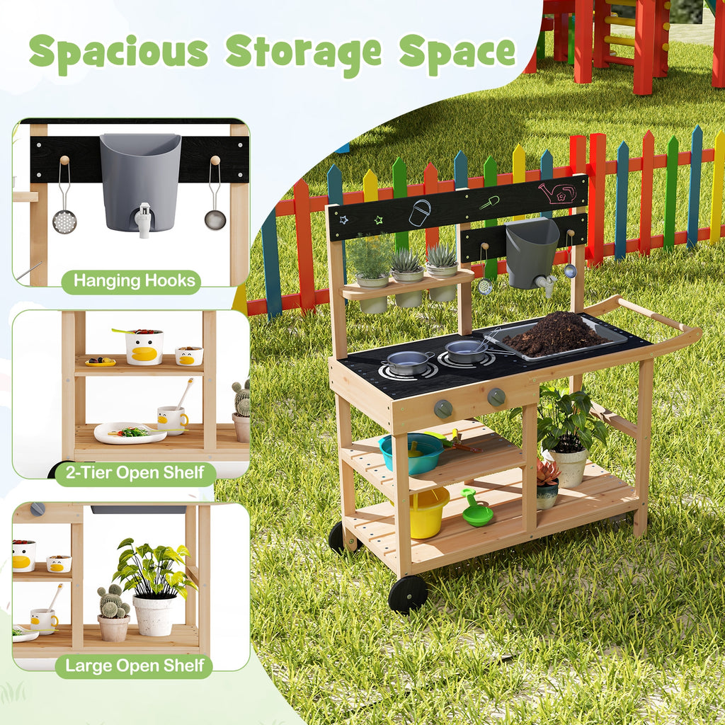 Outdoor Fir Wood Play Kitchen with Blackboard and Planting Pots-Natural