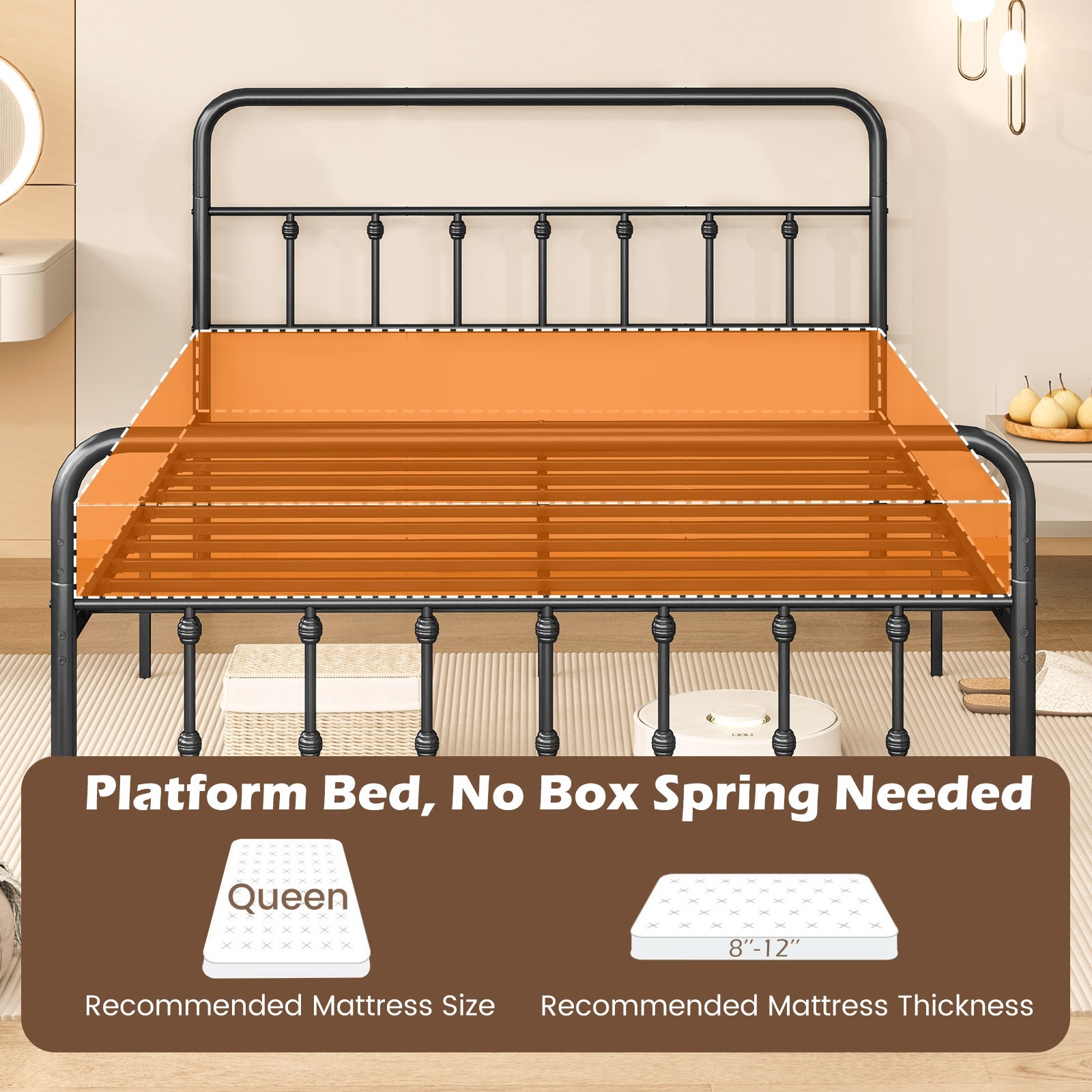 Bed Frame with Headboard and Under Bed Storage Black-Queen Size
