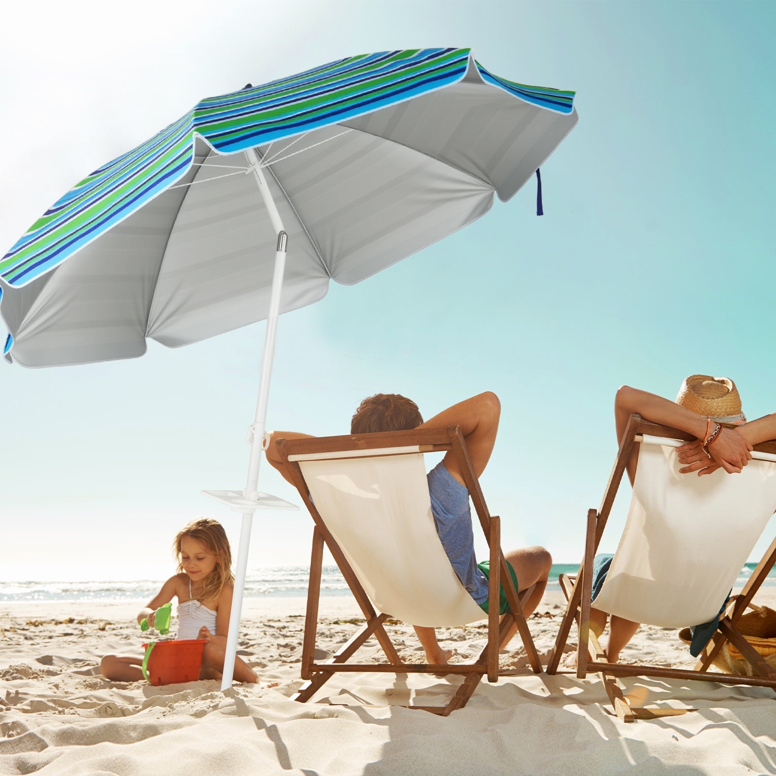 Parasol de plage portable de 2,2 m avec ancre de sable et mécanisme d'inclinaison - Vert