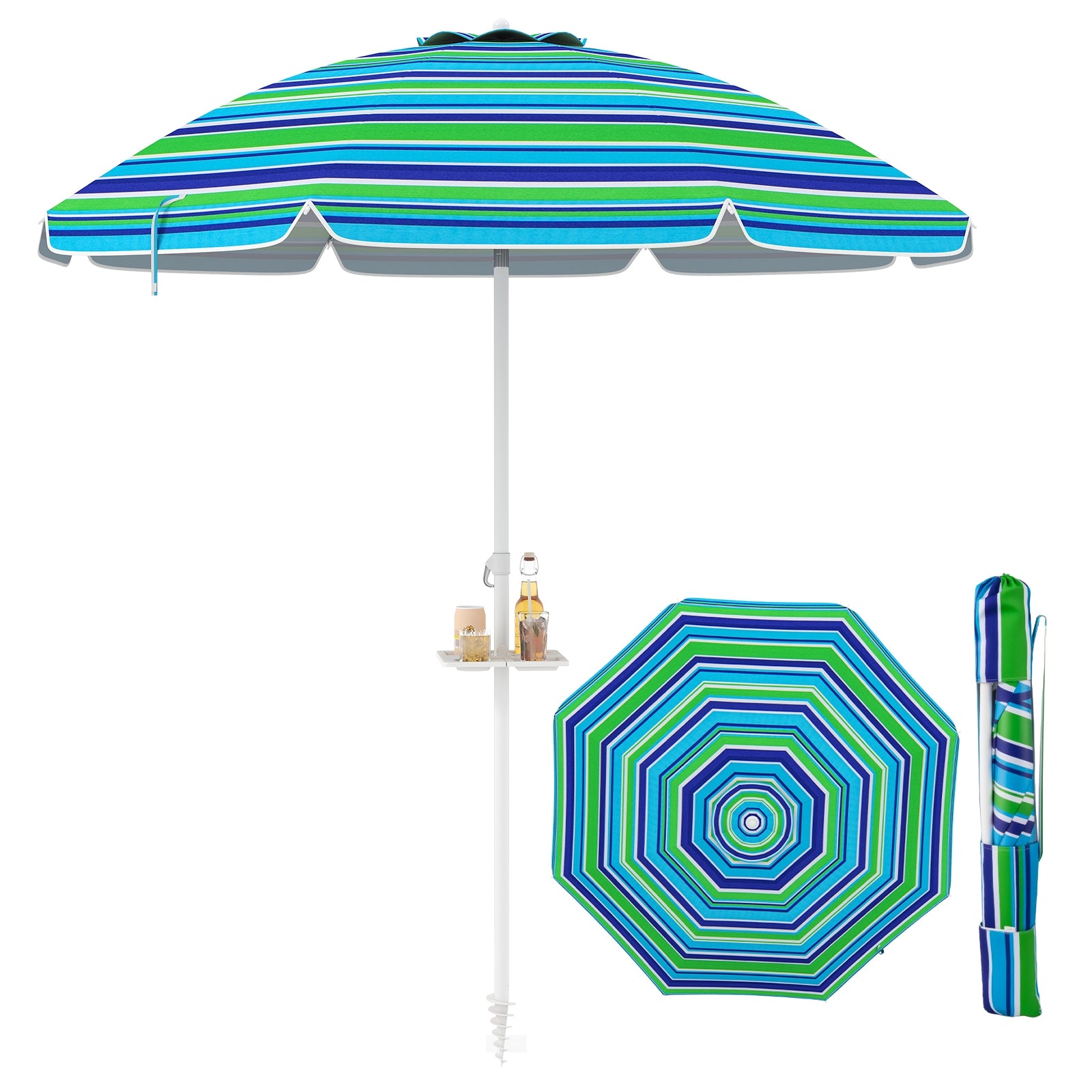 Parasol de plage portable de 2,2 m avec ancre de sable et mécanisme d'inclinaison - Vert