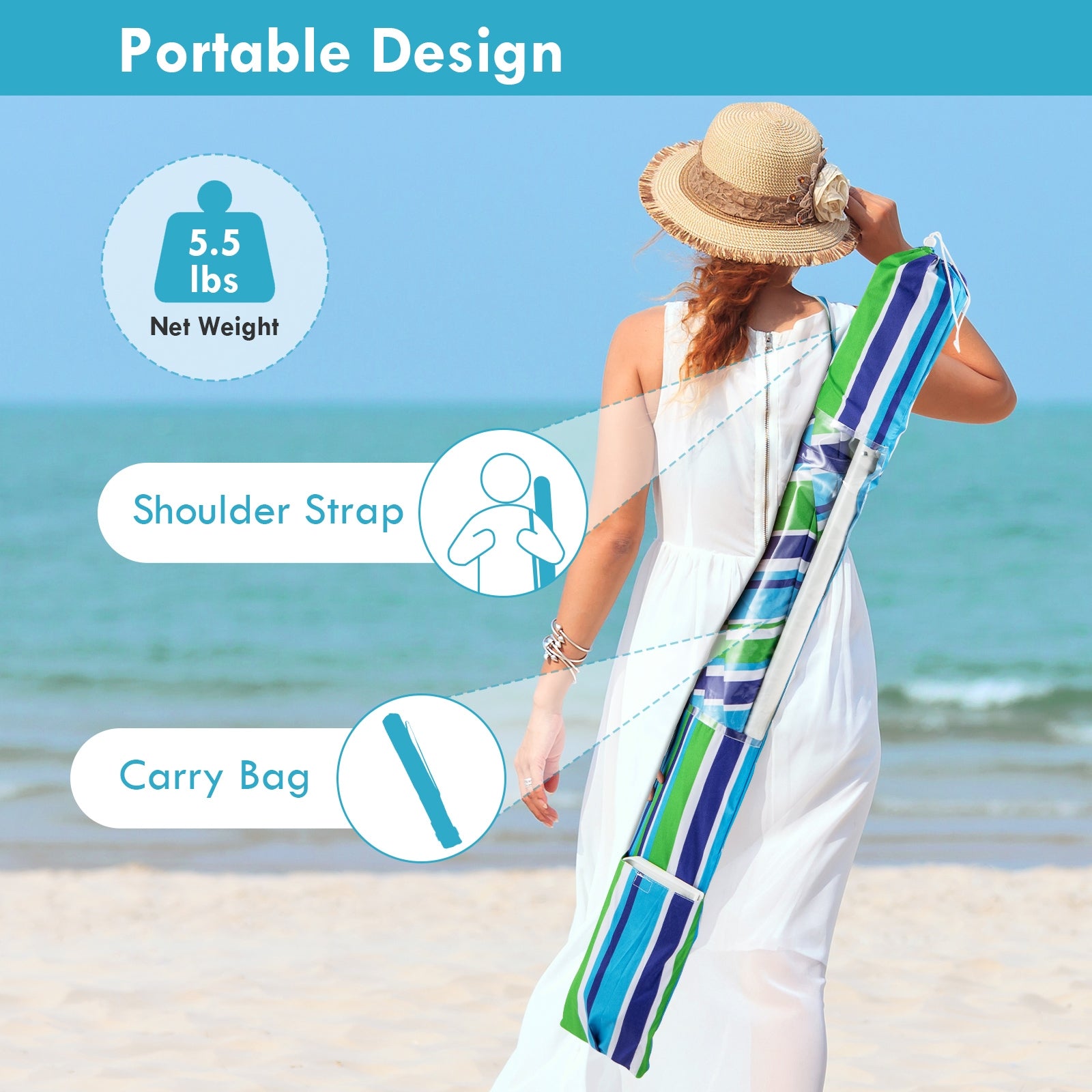 Parasol de plage portable de 2,2 m avec ancre de sable et mécanisme d'inclinaison - Vert