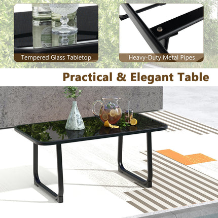 4 Pieces Patio Conversation Set with Breathable Fabric Seat and Tempered Glass Tabletop-Black