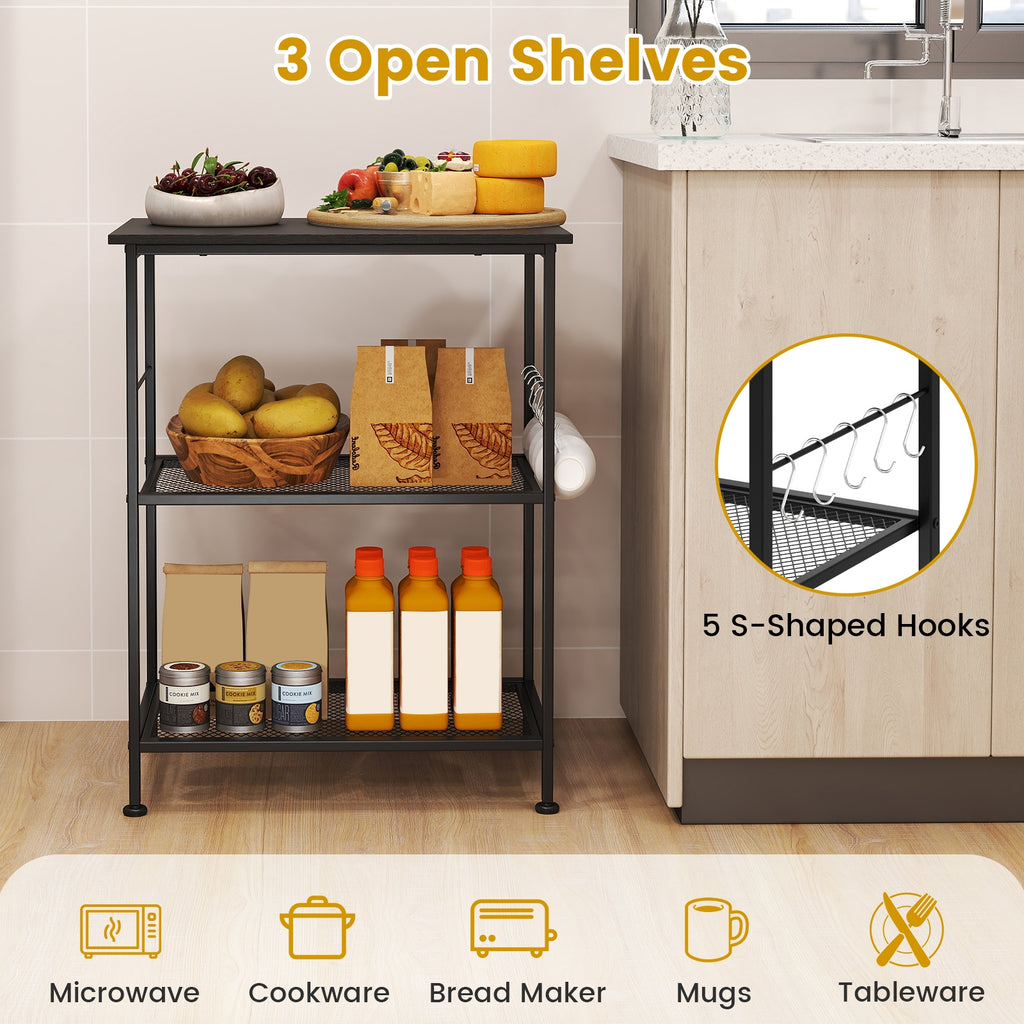 3-Tier Kitchen Serving Cart Utility Standing Microwave Rack with Hooks-Black