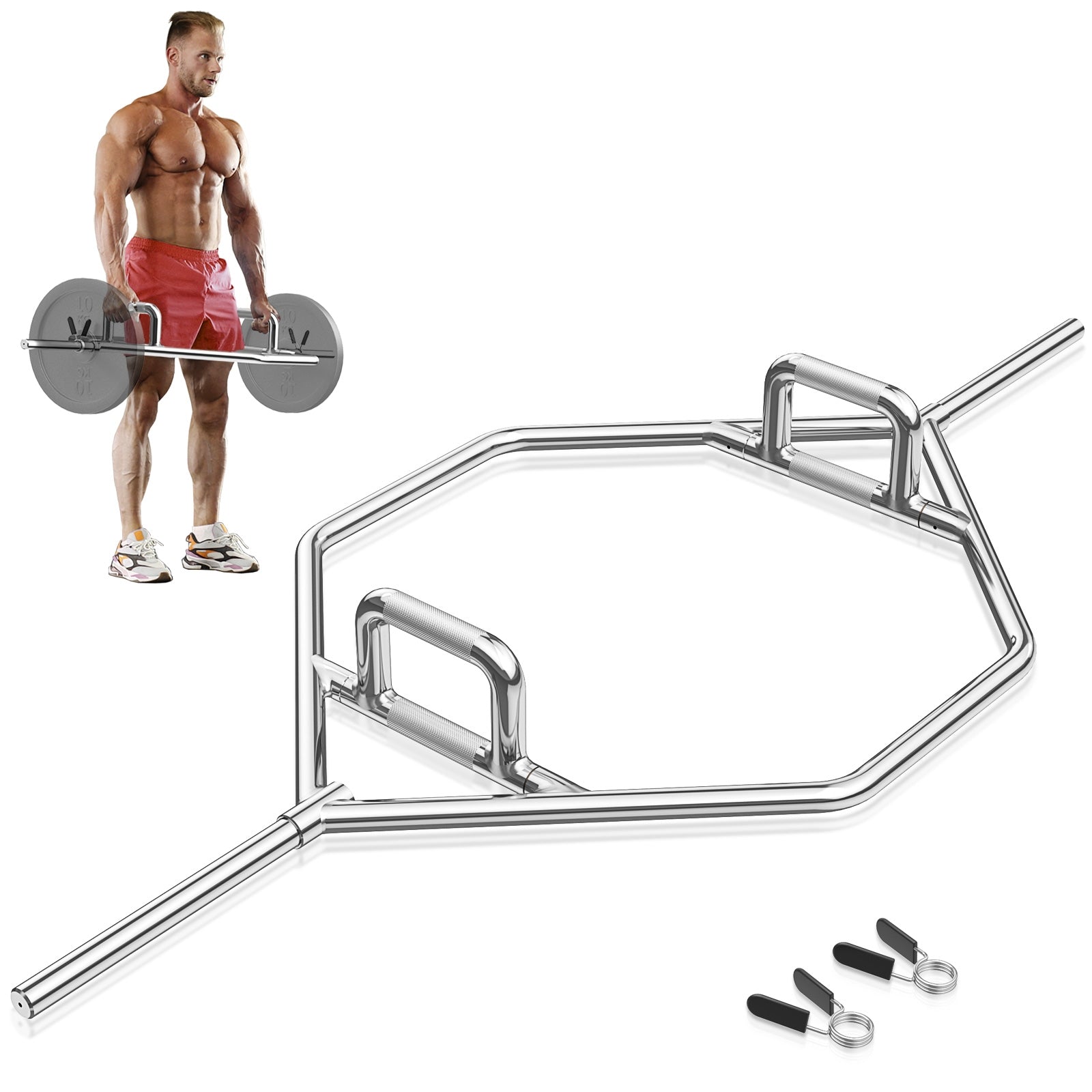 Olympic Hex Trap Bar with 2 Spring Collars and Foldable Handle-Silver