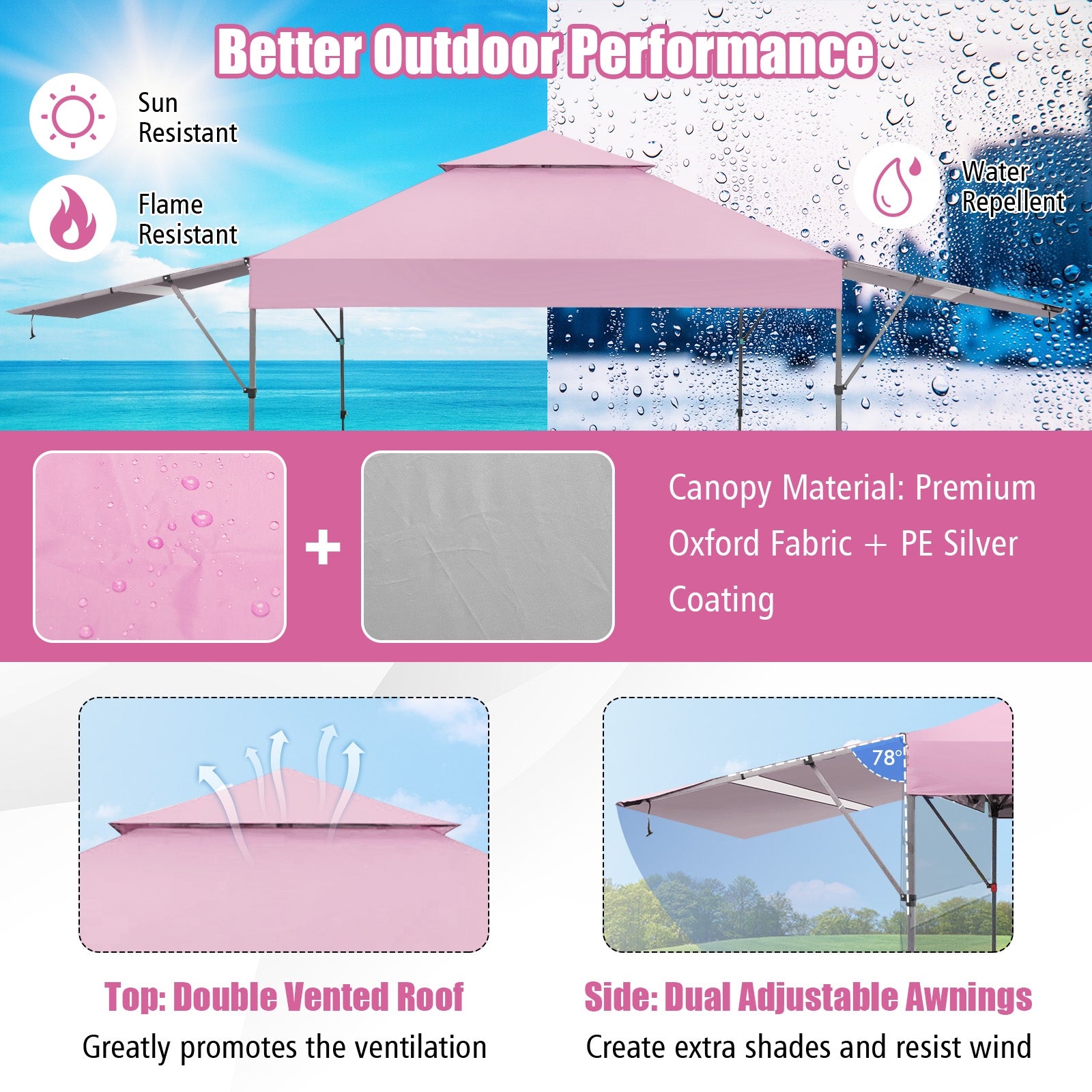 10 x 17.6 Feet Outdoor Instant Pop-up Canopy Tent with Dual Half Awnings-Pink