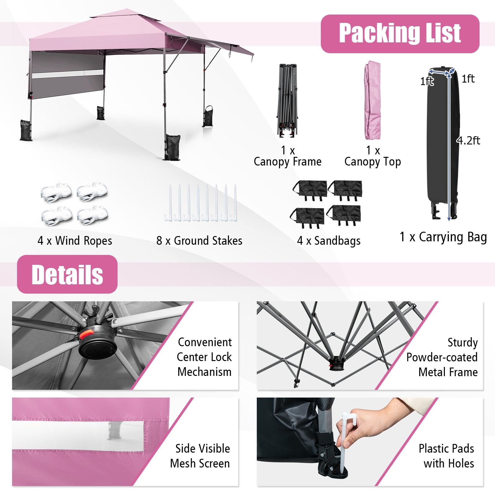 10 x 17.6 Feet Outdoor Instant Pop-up Canopy Tent with Dual Half Awnings-Pink