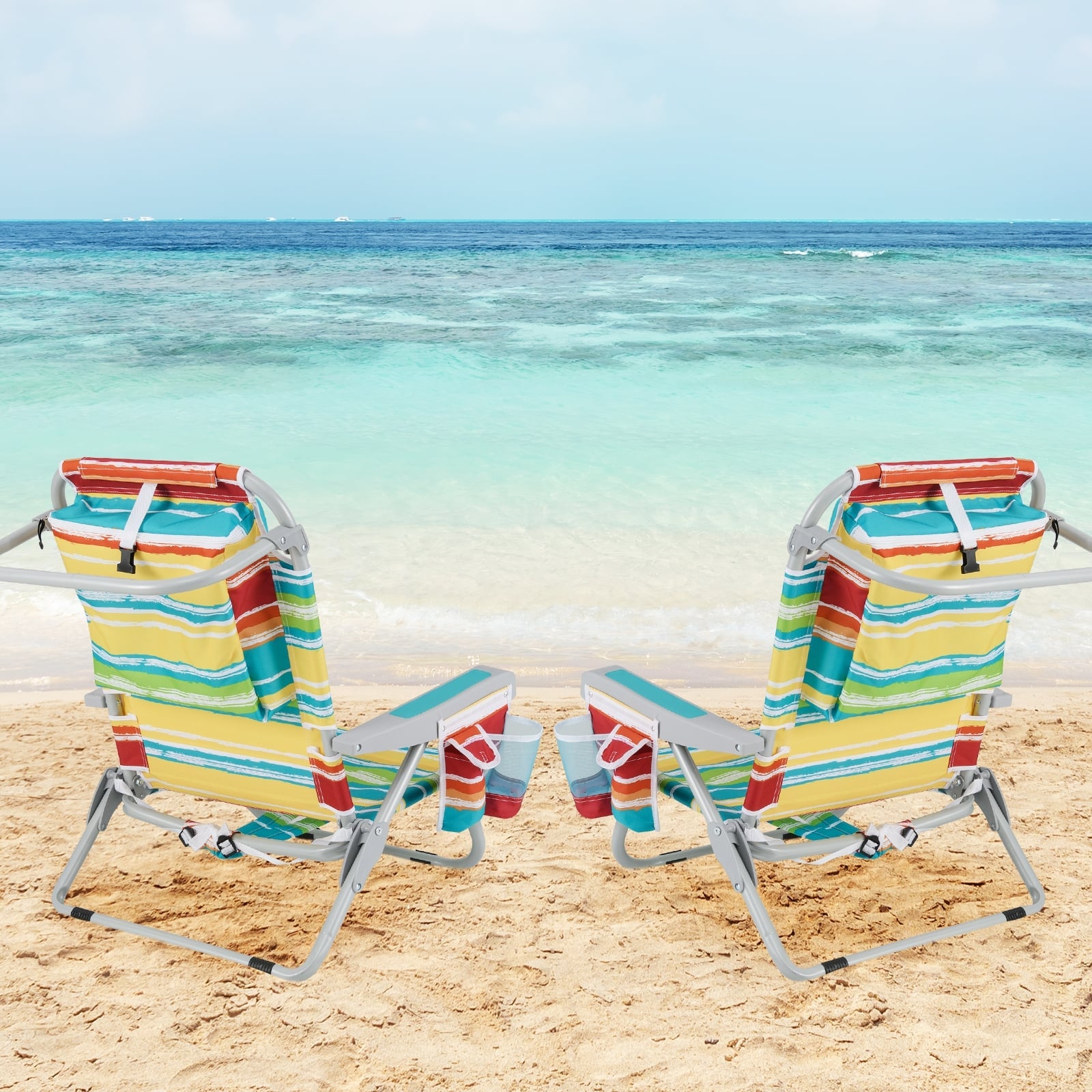 Lot de 2 chaises de plage pliables avec porte-gobelet et poches de rangement – Multicolore