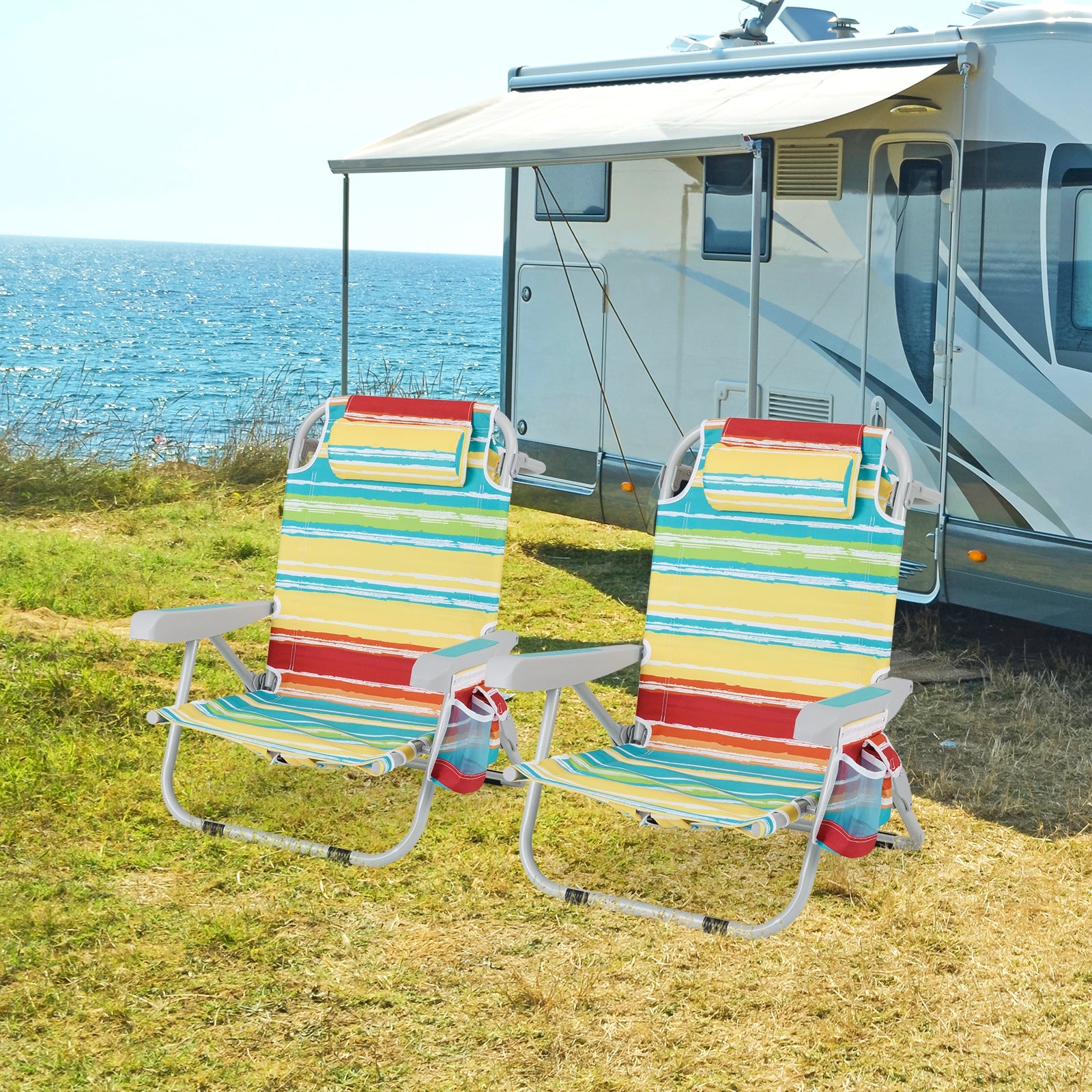 Lot de 2 chaises de plage pliables avec porte-gobelet et poches de rangement – Multicolore