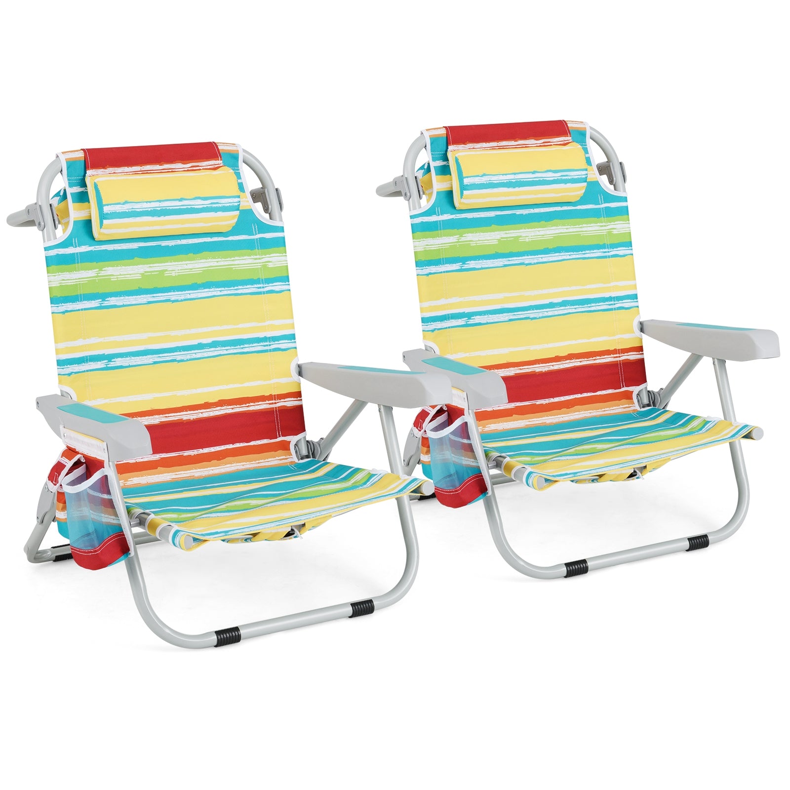 Lot de 2 chaises de plage pliables avec porte-gobelet et poches de rangement – Multicolore