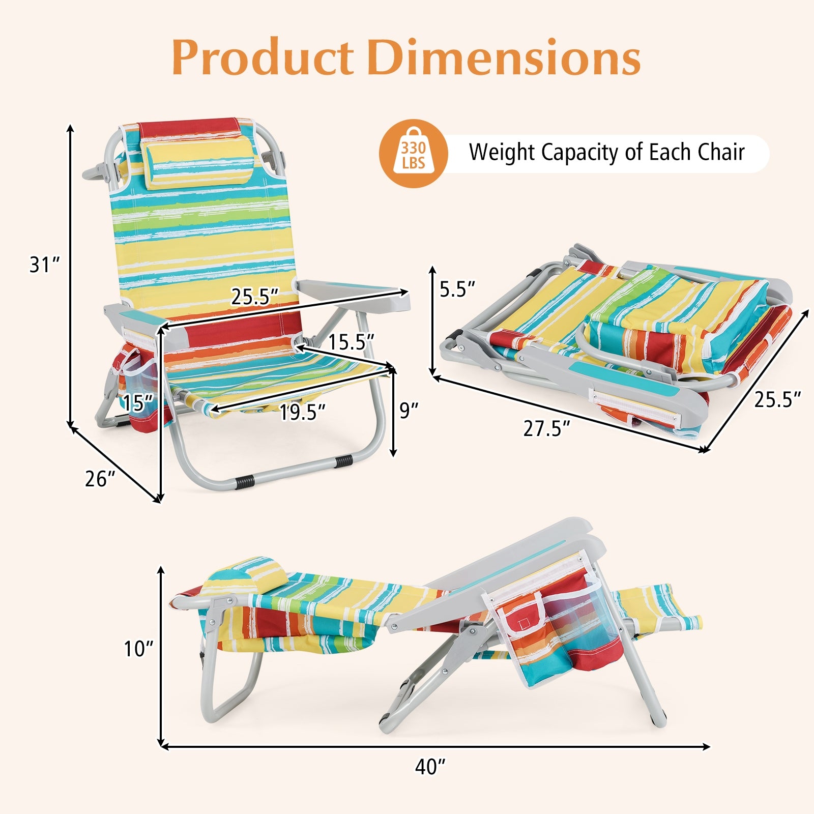 Lot de 2 chaises de plage pliables avec porte-gobelet et poches de rangement – Multicolore