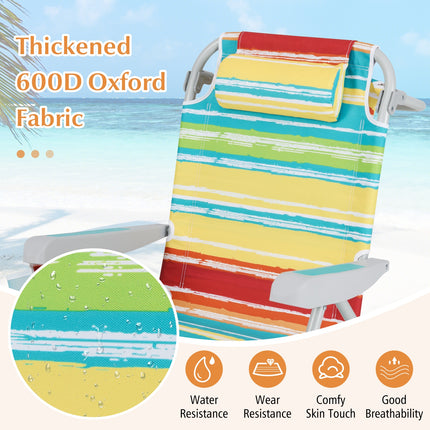 Foldable Backpack Beach Chair with Cup Holder and Storage Pockets Set of 2-Multicolor