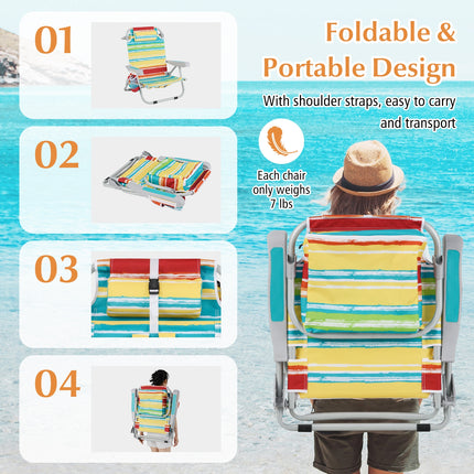 Foldable Backpack Beach Chair with Cup Holder and Storage Pockets Set of 2-Multicolor