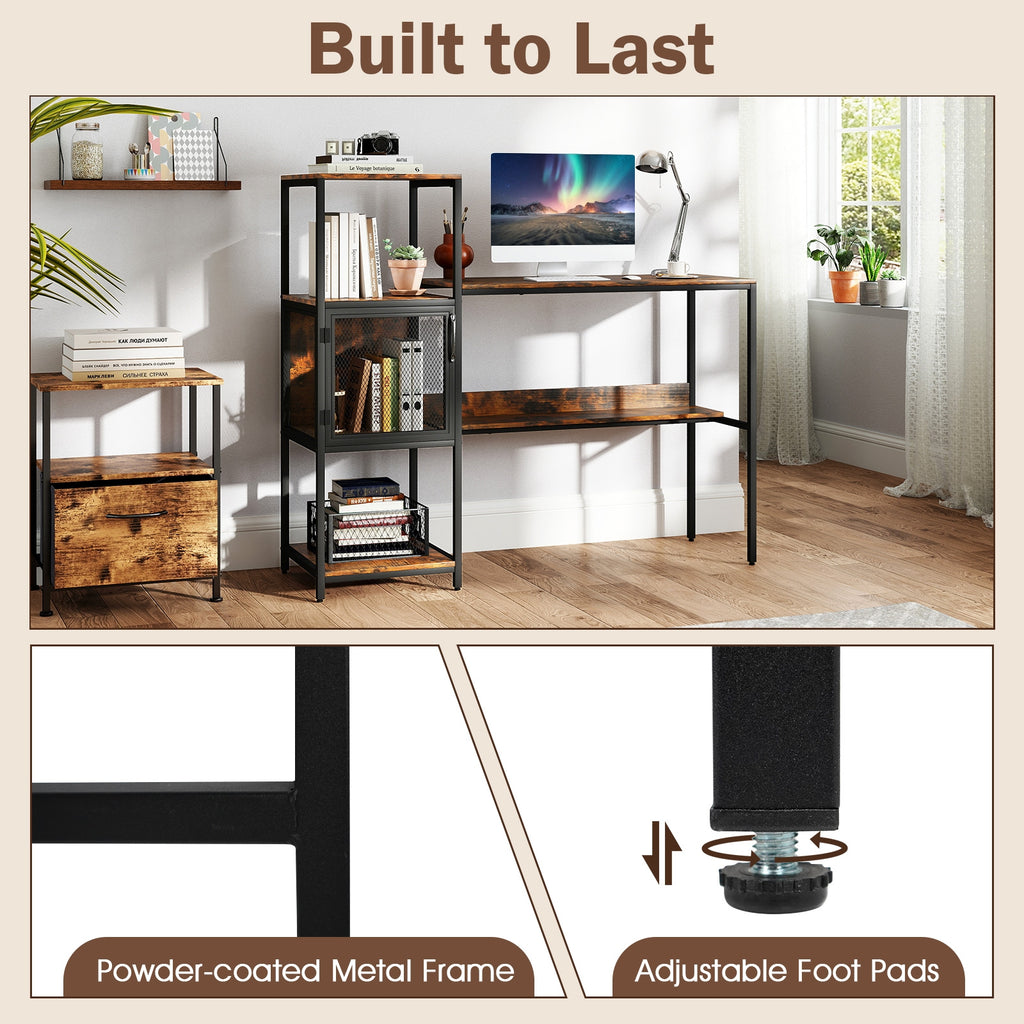 Computer Desk with Bookshelf Home Office Desk with Storage Cabinet and Shelves-Rustic Brown