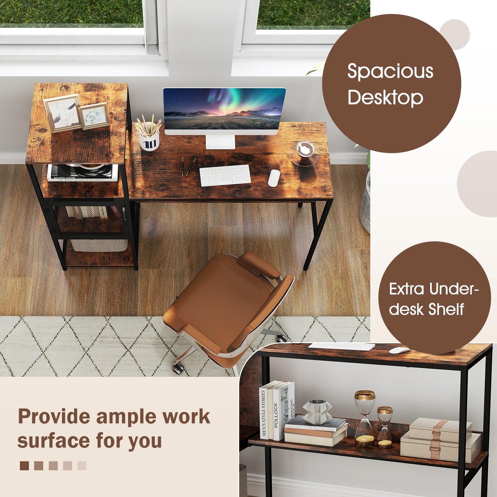 Computer Desk with Bookshelf Home Office Desk with Storage Cabinet and Shelves-Rustic Brown