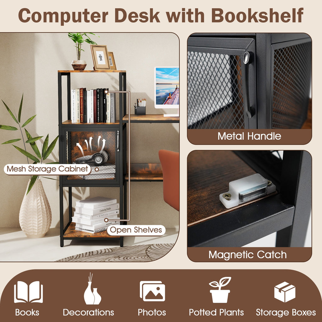 Computer Desk with Bookshelf Home Office Desk with Storage Cabinet and Shelves-Rustic Brown