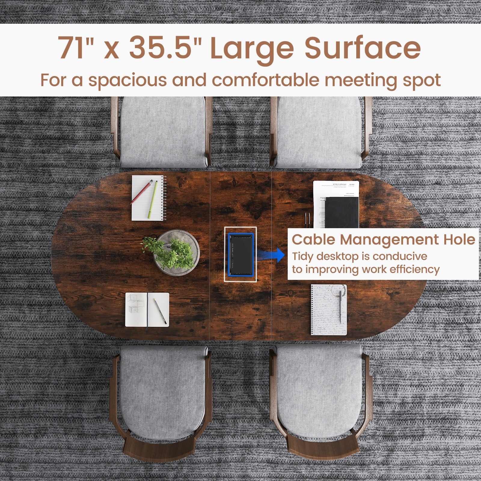 71 Inches Executive Table Oval Home Office Table with Cable Management Hole-Rustic Brown