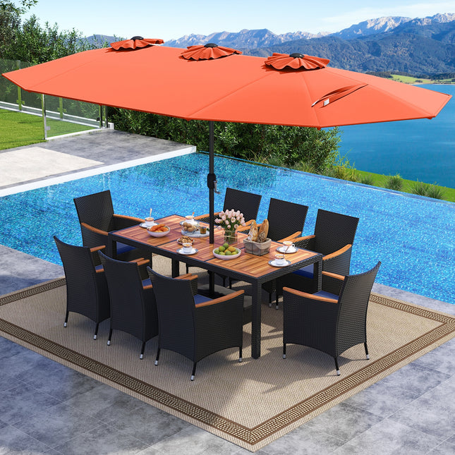 10 Piece Outdoor Patio Dining Set with 15 Feet Double-Sided Twin Umbrella-Orange
