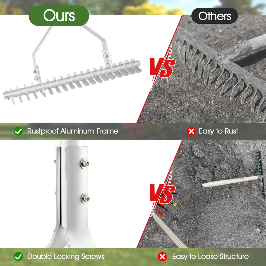 20 Inches Wide Aluminum Lawn Loosening Soil Rake with Long Handle and 19 Curved Tines