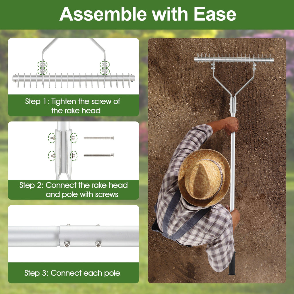 20 Inches Wide Aluminum Lawn Loosening Soil Rake with Long Handle and 19 Curved Tines