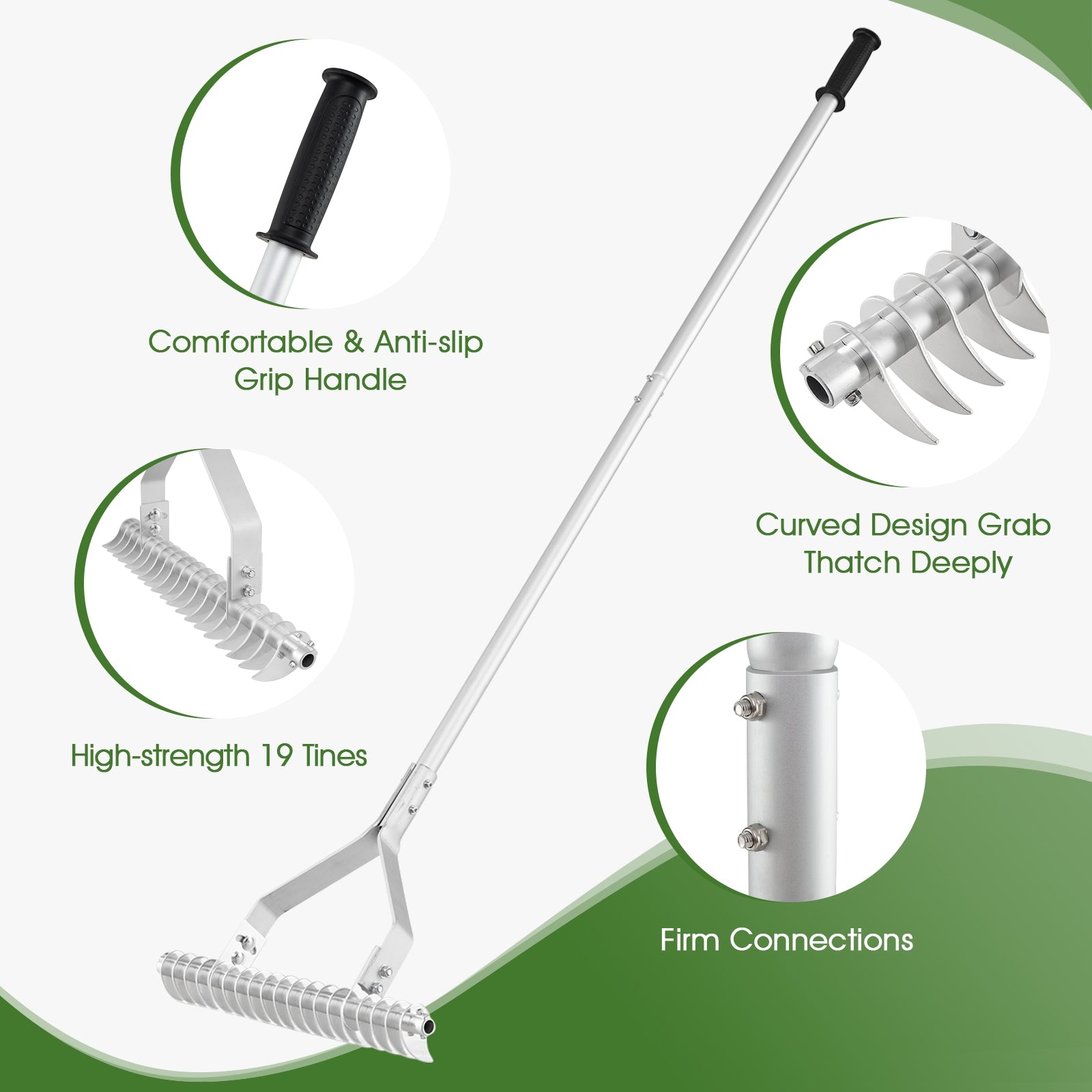 20 Inches Wide Aluminum Lawn Loosening Soil Rake with Long Handle and 19 Curved Tines