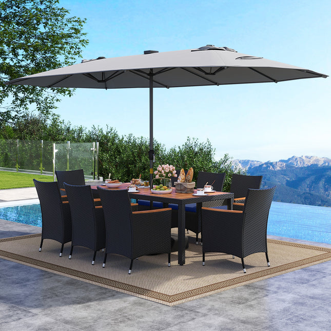 11 Pieces Patio Dining Set with LED Patio Umbrella with Base and Seat Cushions (Navy)-Gray