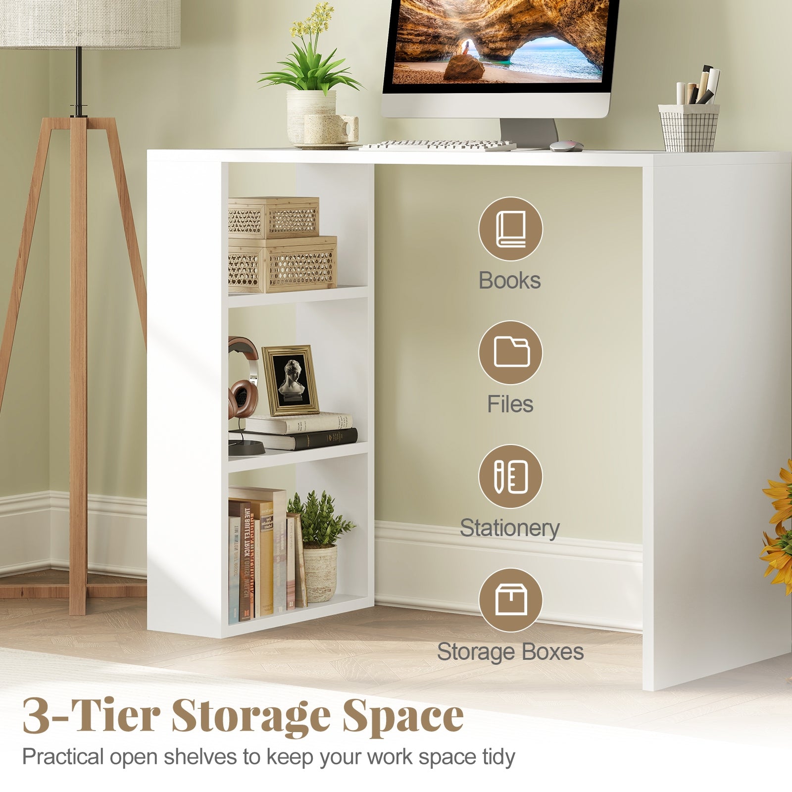 36 Inch White Computer Desk with 3 Open Shelves for Home Office Study-White