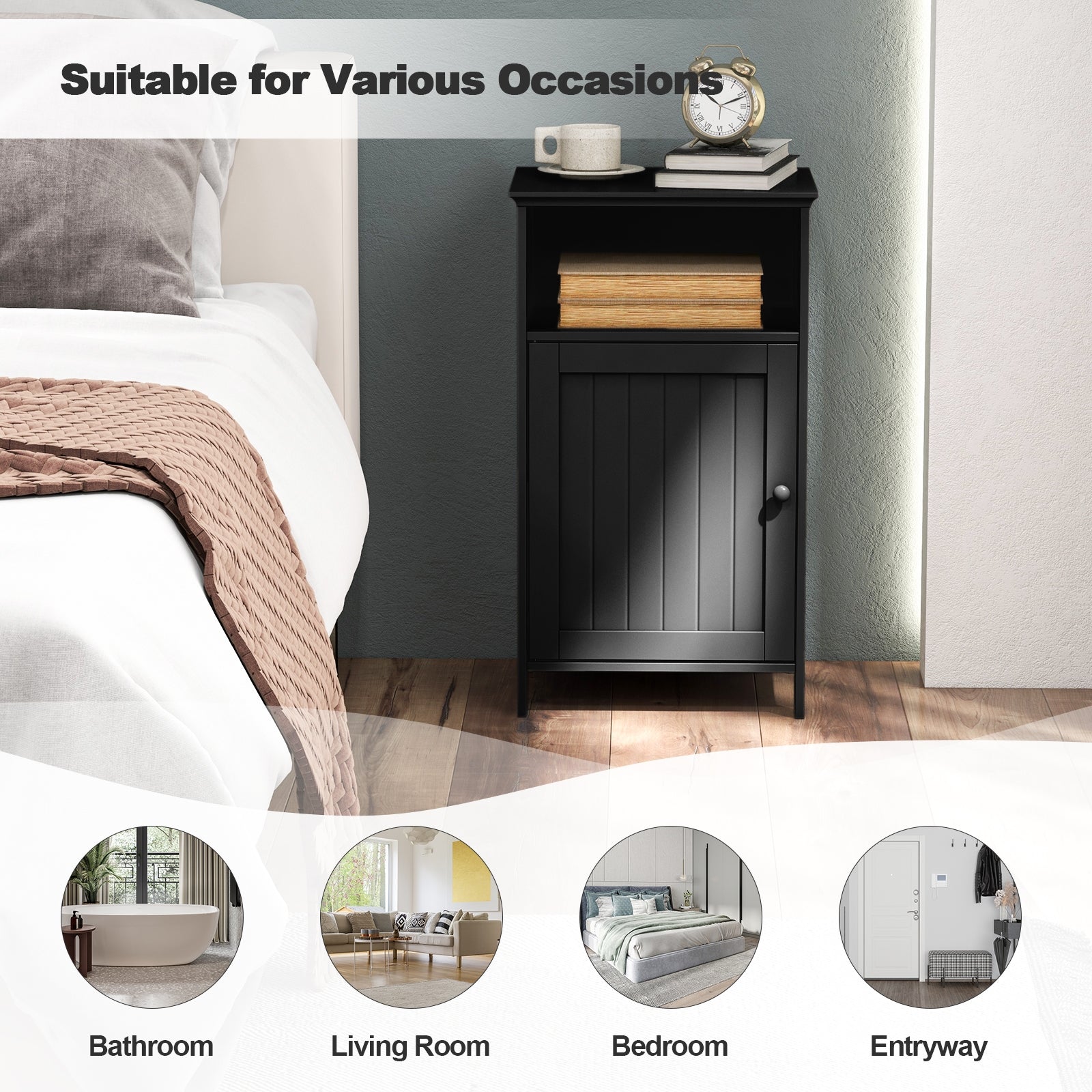 Bathroom Freestanding Floor Storage Cabinet with Adjustable Shelf-Black