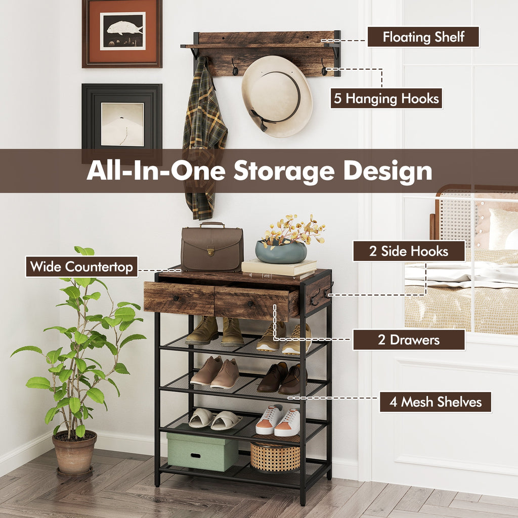 Coat Rack Shoe Stand Set 5-Tier Shoe Rack with Wall-Mounted Coat Hanger-Brown