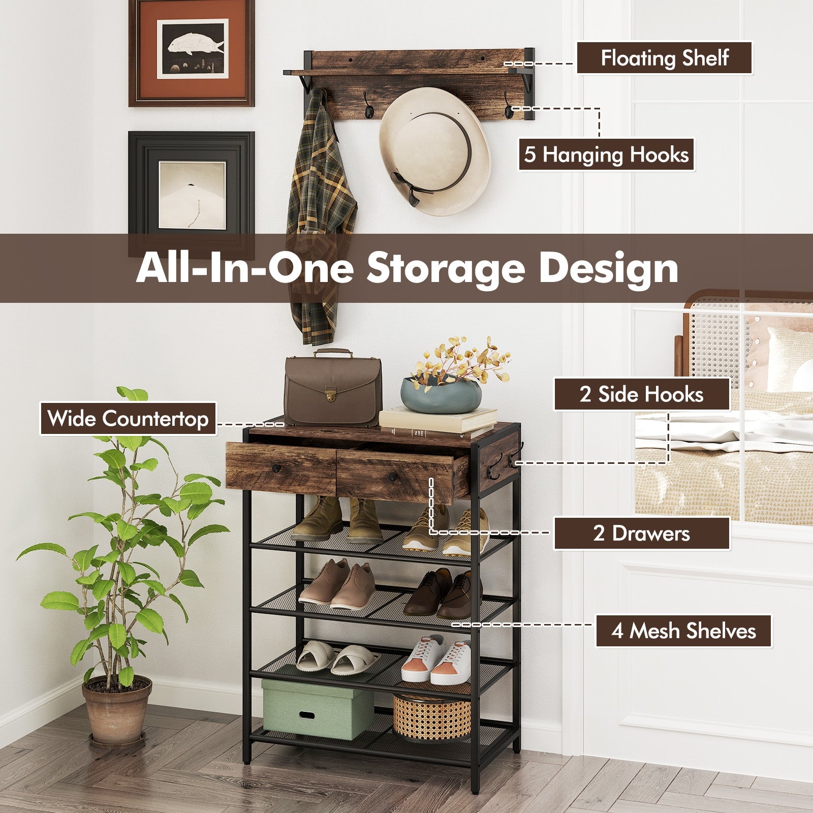 Coat Rack Shoe Stand Set 5-Tier Shoe Rack with Wall-Mounted Coat Hanger-Brown