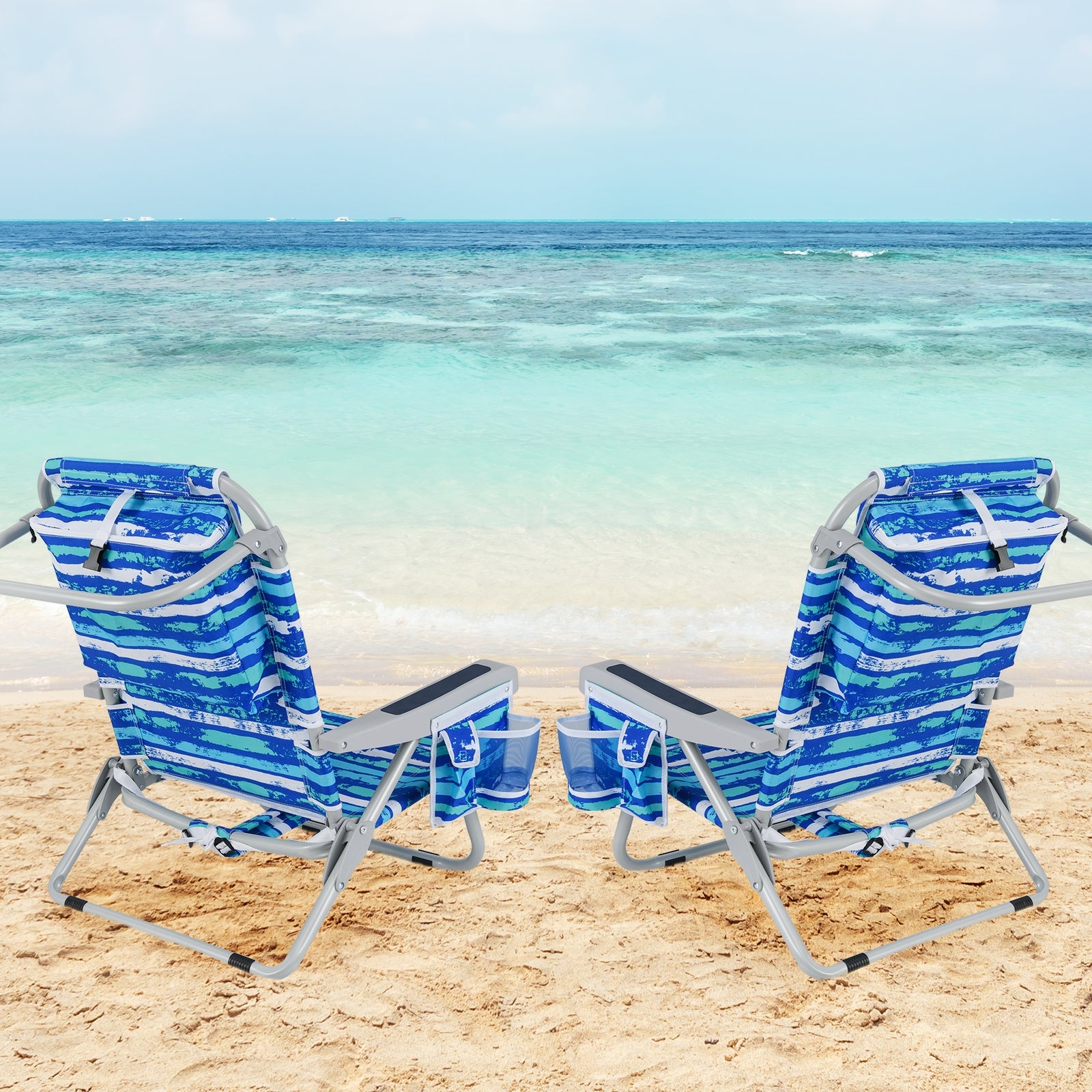 1 Chaise de plage pliante avec porte-gobelet et poches de rangement pour l'extérieur - Bleu marine