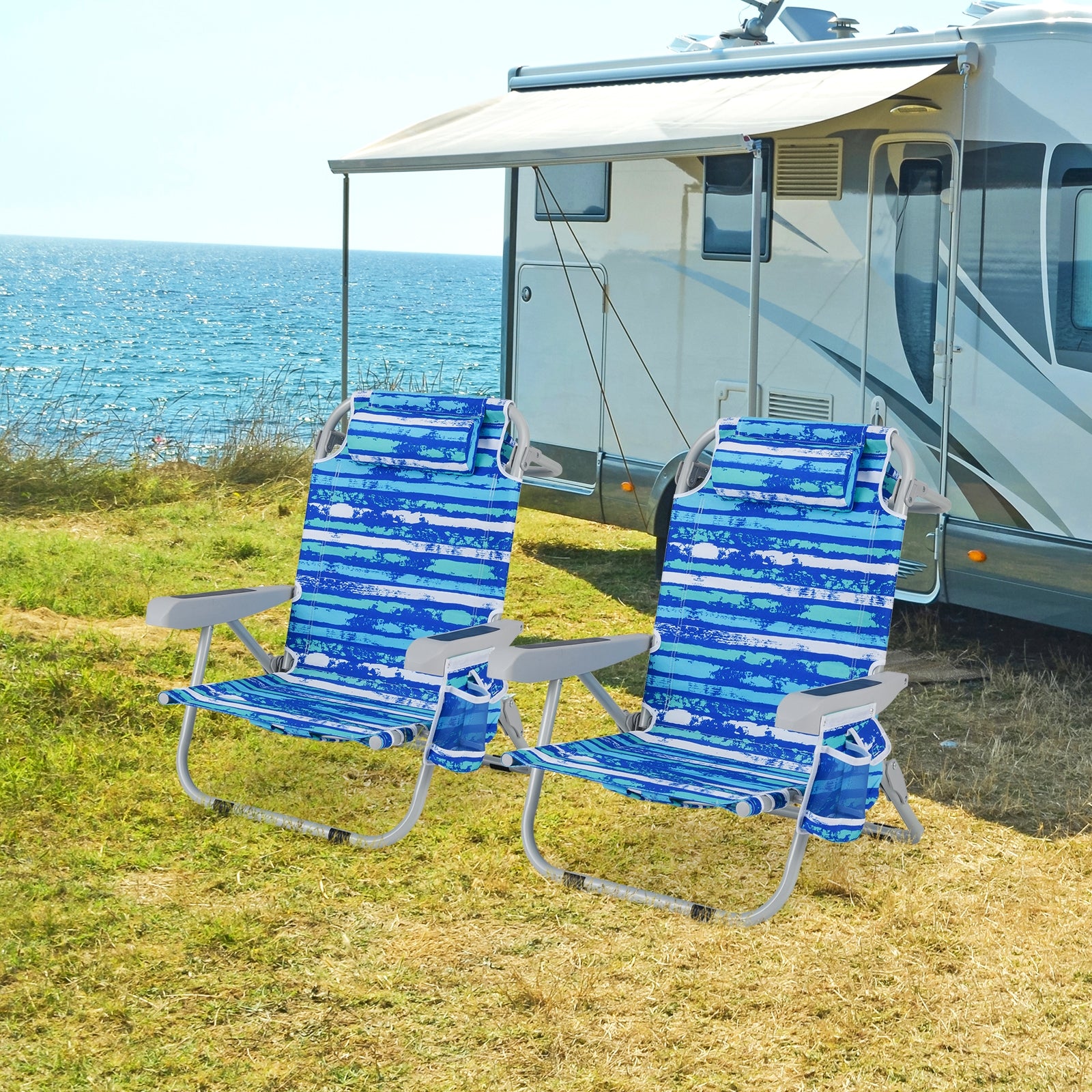 1 Chaise de plage pliante avec porte-gobelet et poches de rangement pour l'extérieur - Bleu marine