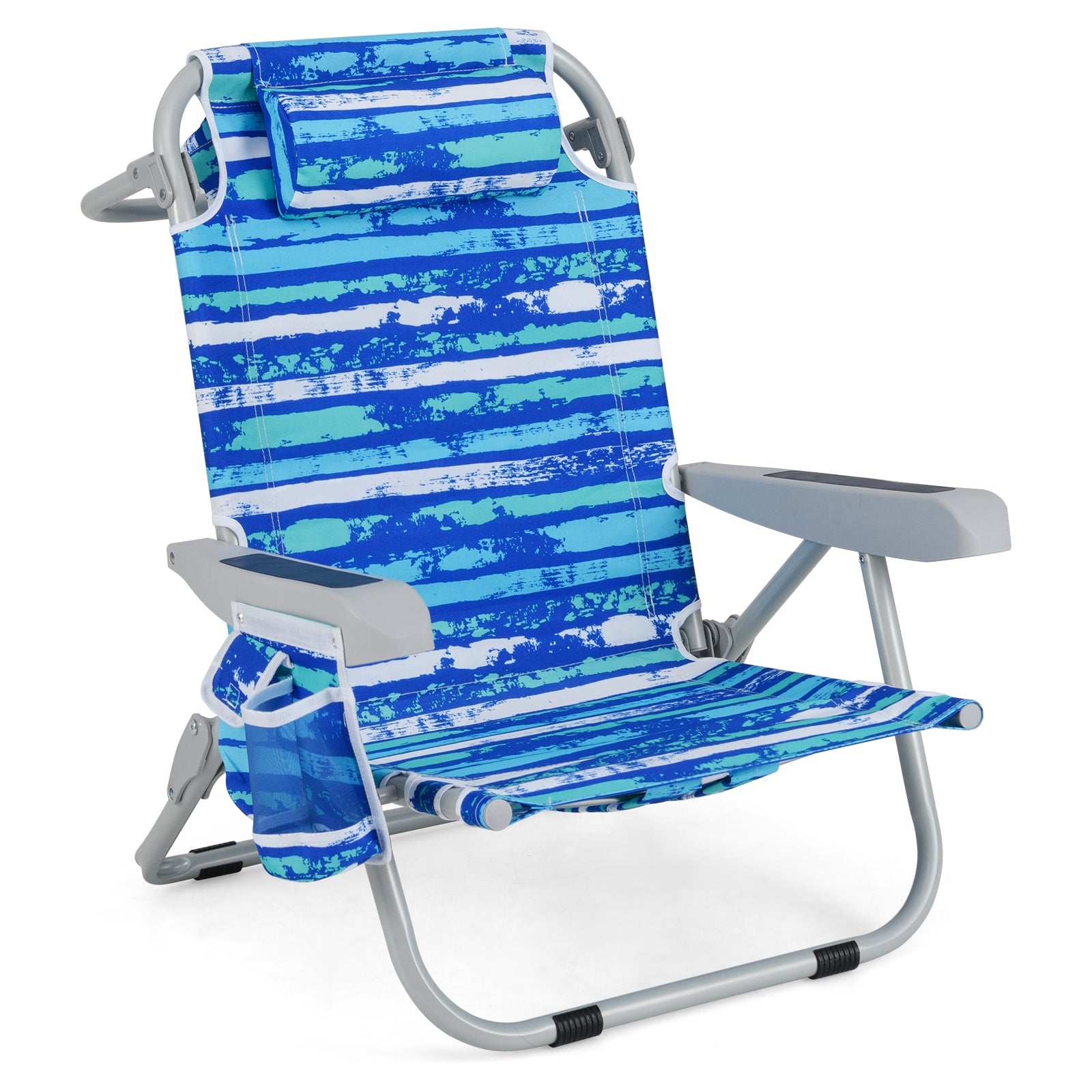 1 Chaise de plage pliante avec porte-gobelet et poches de rangement pour l'extérieur - Bleu marine