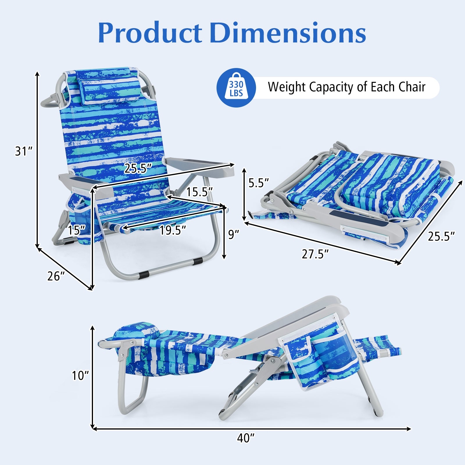 1 Chaise de plage pliante avec porte-gobelet et poches de rangement pour l'extérieur - Bleu marine