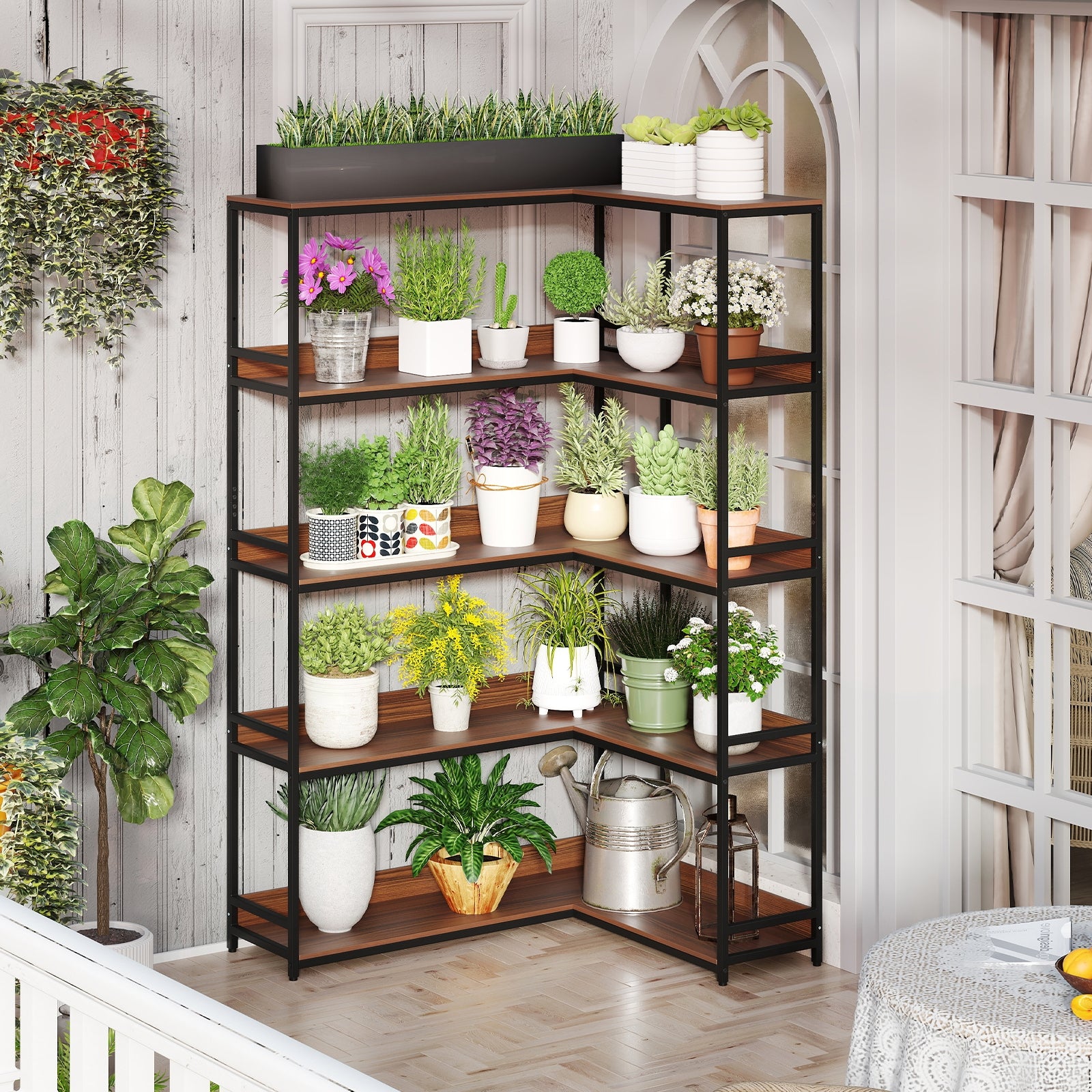Corner Bookshelf 5-Tier L-Shaped Bookcase Etagere Bookshelf with Metal Frame-Walnut