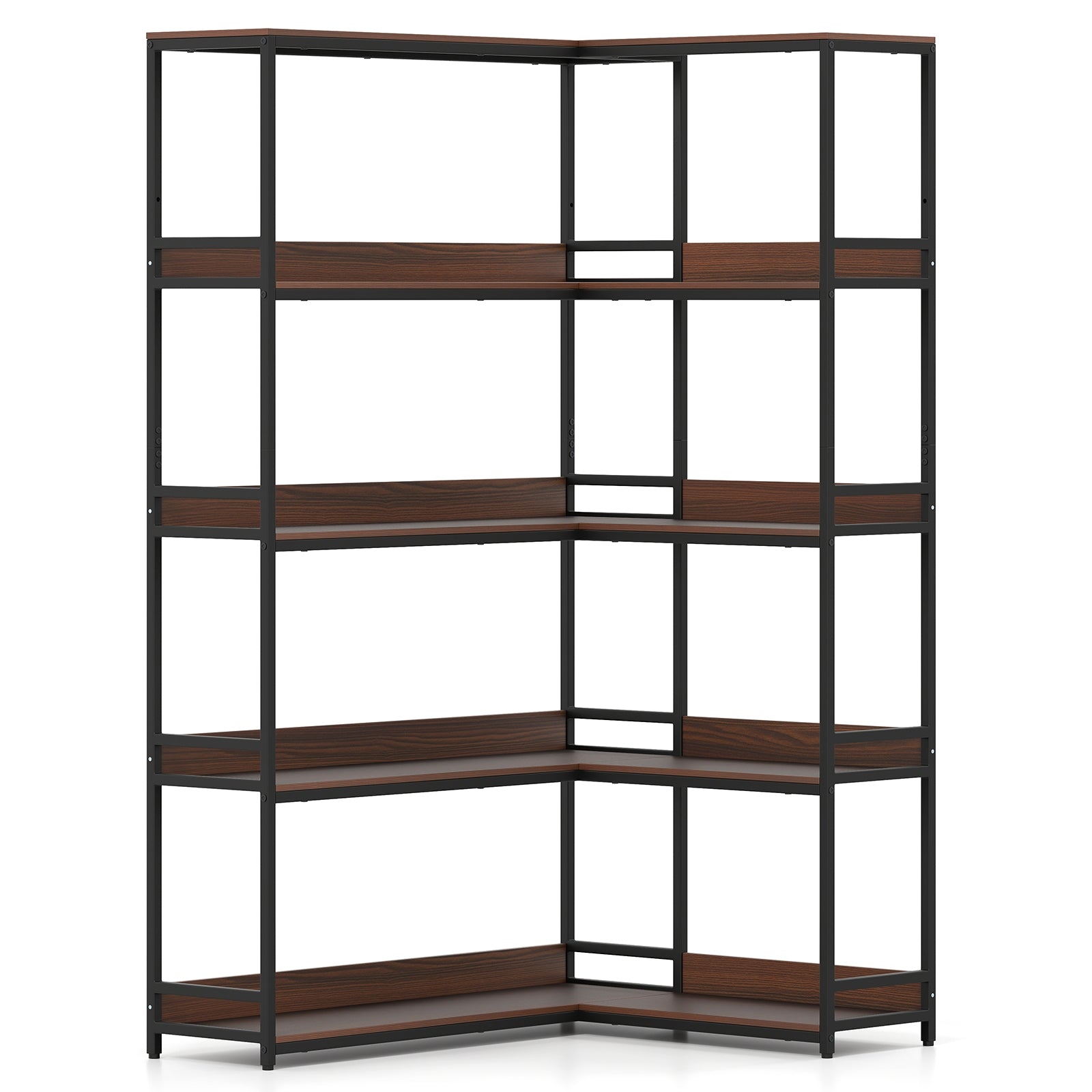 Corner Bookshelf 5-Tier L-Shaped Bookcase Etagere Bookshelf with Metal Frame-Walnut